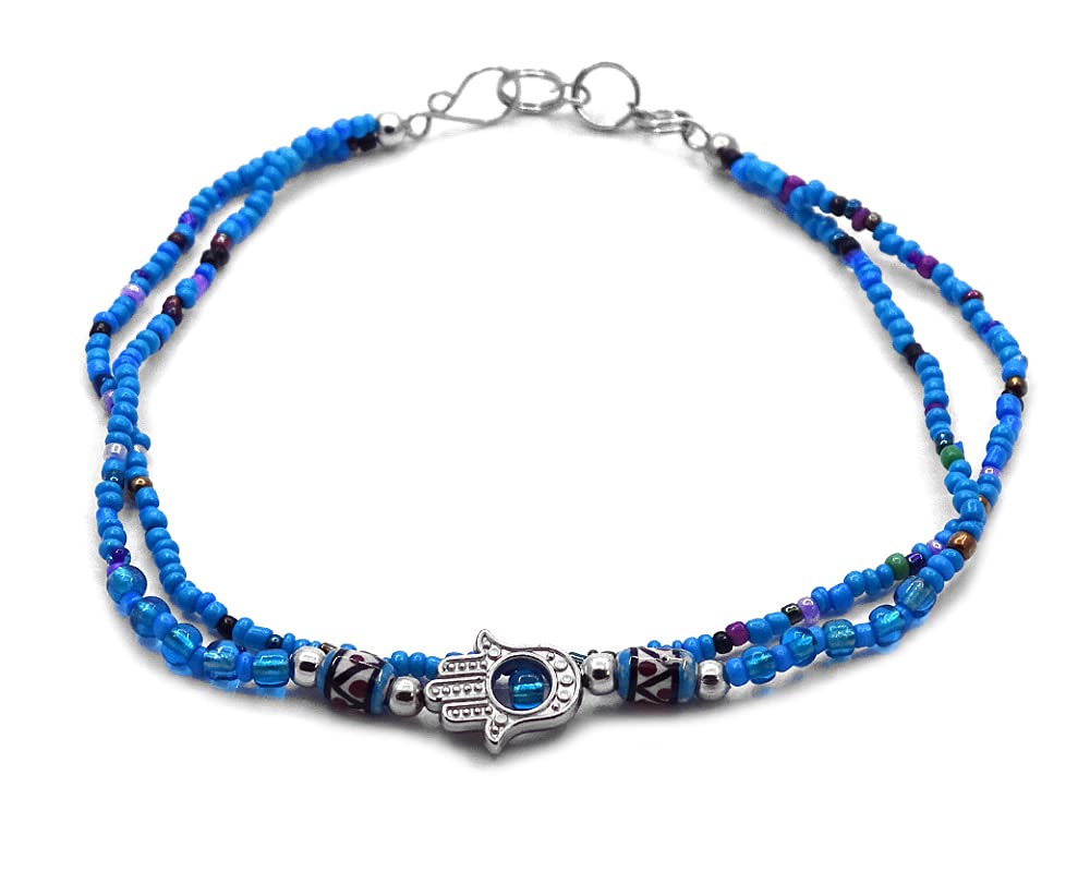 Hamsa Hand Silver Metal Charm Seed Beaded Multi Strand Anklet - Women's Boho Fashion Handmade Jewelry for Beach, Festival, and Everyday Wear