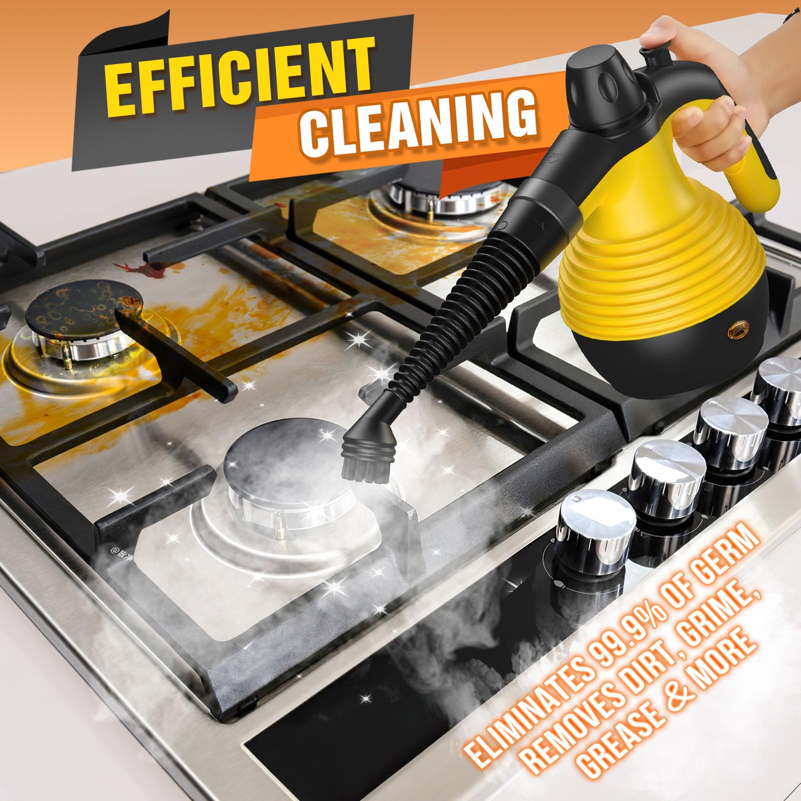 Handheld Pressurized Steam Cleaner with 9-Piece Accessories Kit - Multi-Surface Steamer with Safety Lock & 12.8oz Large Water Tank - Perfect for Upholstery, Grout, Floors, Cars & Home Cleaning - Ideal for Deep Cleaning Kitchens, Bathrooms, Garages & Auto Detailing
