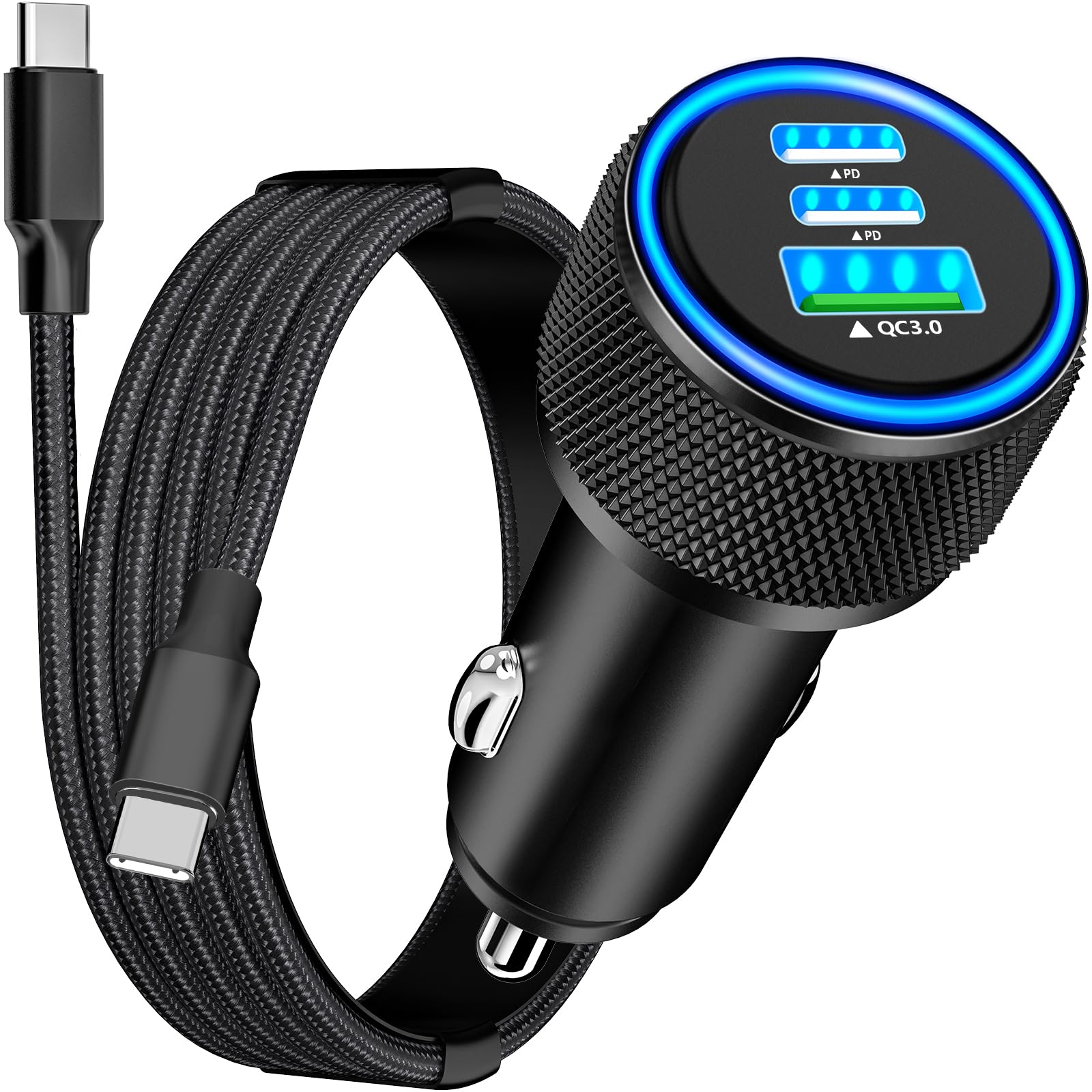 MFi Certified 67W 3-Port USB-C Car Charger for iPhone 15/Pro - Fast PD/QC Charging with Braided Cable - Compatible with Galaxy S24/S23/Pixel - Perfect for Road Trips & Daily Commutes