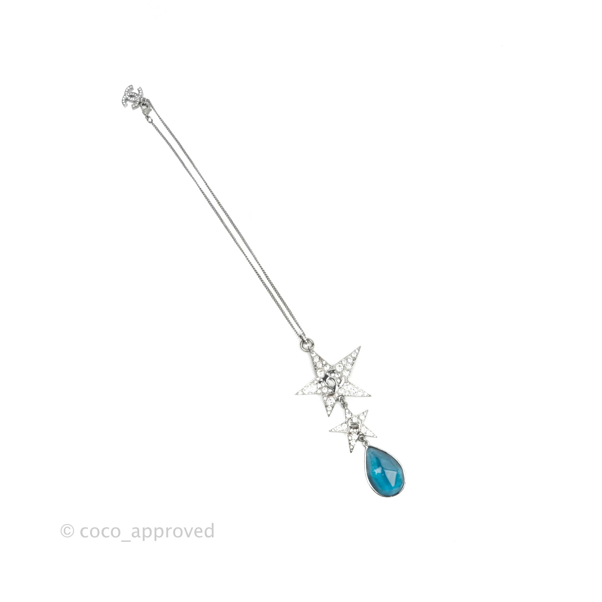 Chanel CC Crystal Star Blue Resin Tear Drop Choker Necklace in Gun Metal - 22C Collection | Elegant Statement Jewelry for Parties, Weddings & Special Occasions