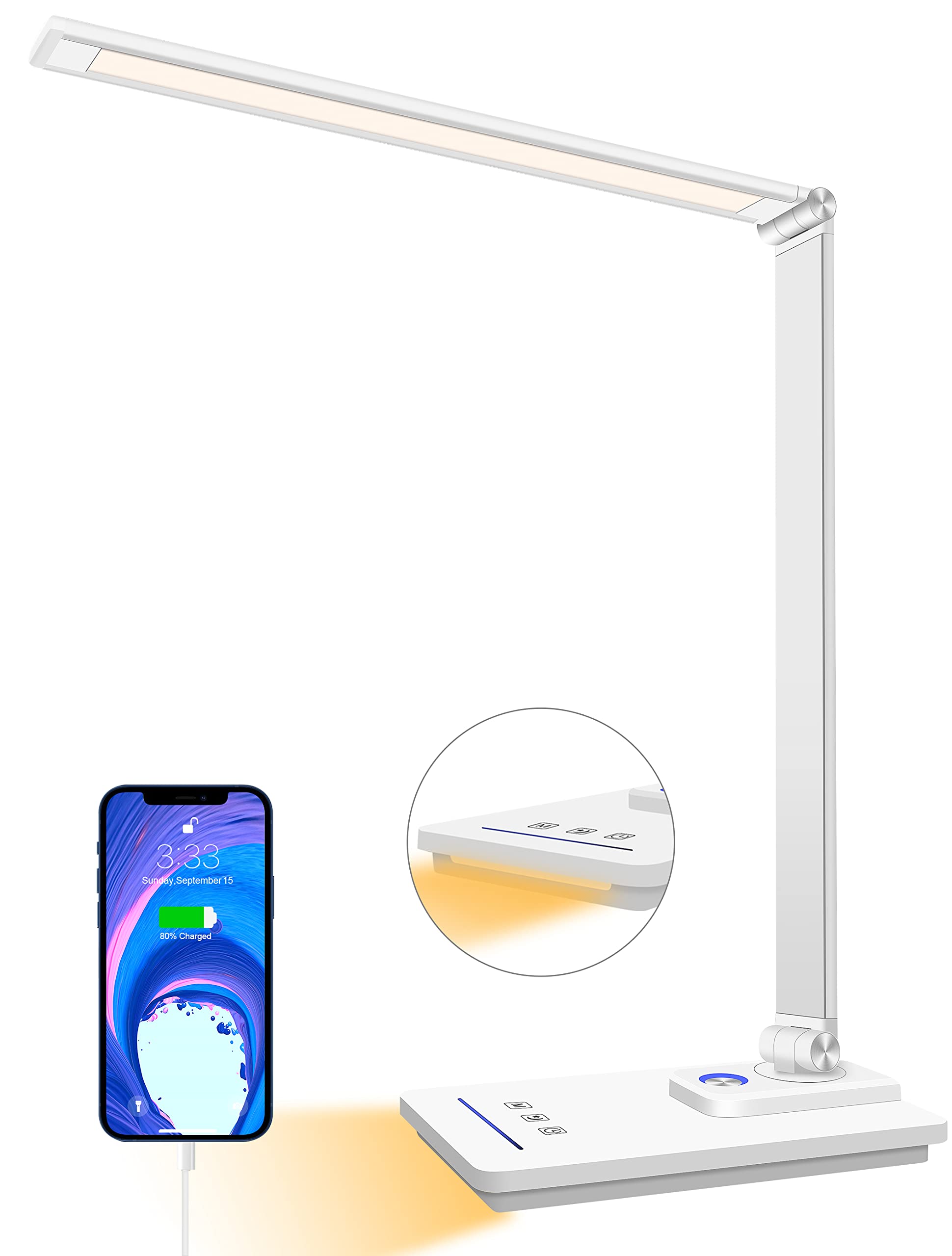 LED Desk Lamp with 5 Light Modes & 6 Brightness Levels - Eye-Caring Touch Control Table Light with USB Charging Port, Auto Timer & Night Light - Perfect for Home Office, Study, Dorm Room & Bedside Reading (White)