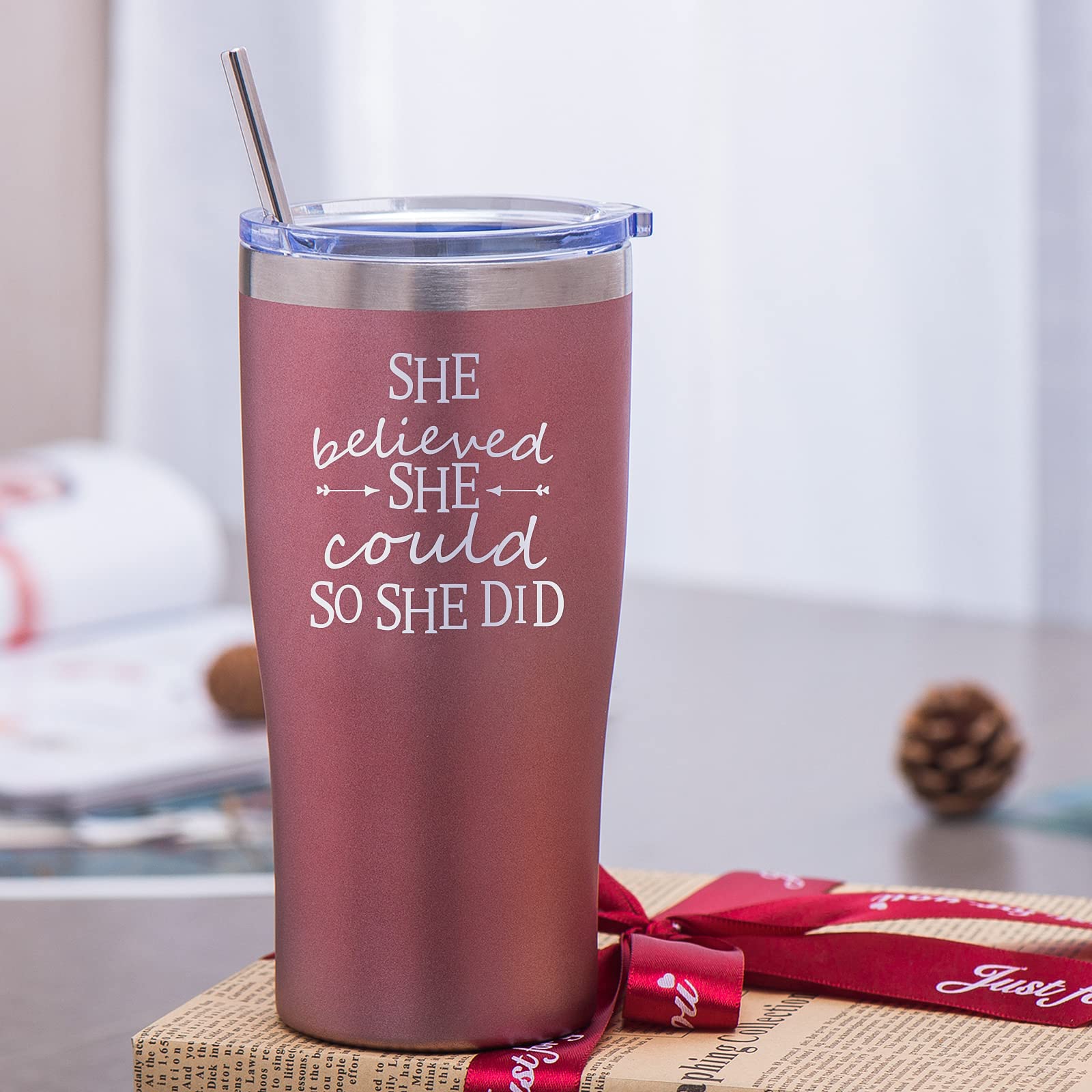 Inspirational 'She Believed She Could So She Did' Rose Gold Tumbler - Perfect Graduation Gift for Women, Girls, Her - Motivational Gift for College, New Job, Congratulations - Great for Office, School & Daily Use