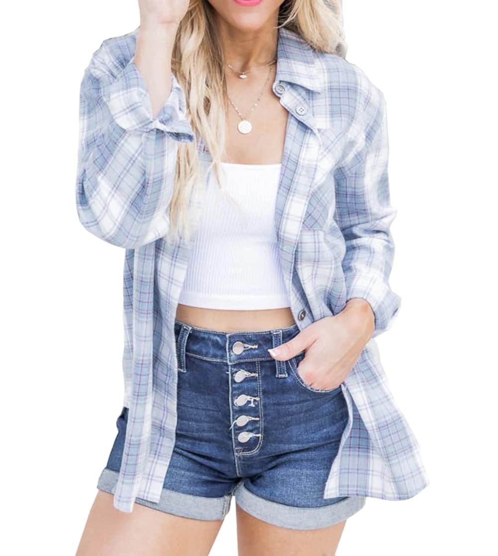 NUOREEL Women's Plaid Flannel Shirt - Button Down Long Sleeve Boyfriend Style Shirt for Casual Wear, Layering & Fall Fashion