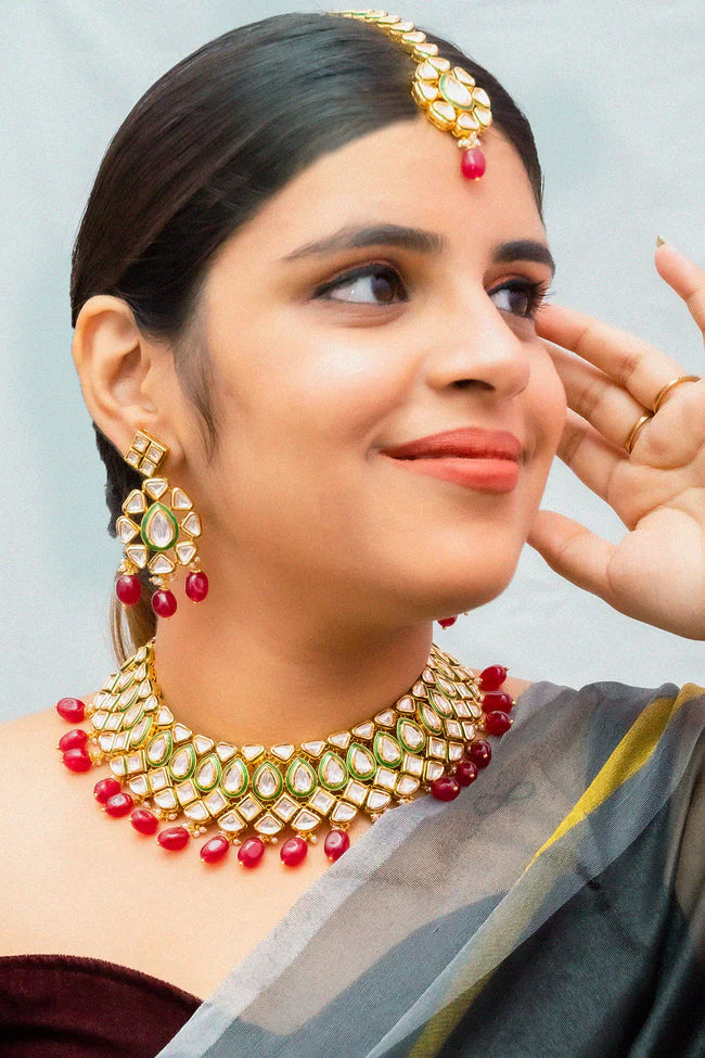 Royal Kundan Necklace and Earrings Set - 24K Gold Plated Designer Jewelry for Weddings, Parties & Special Occasions (D883)
