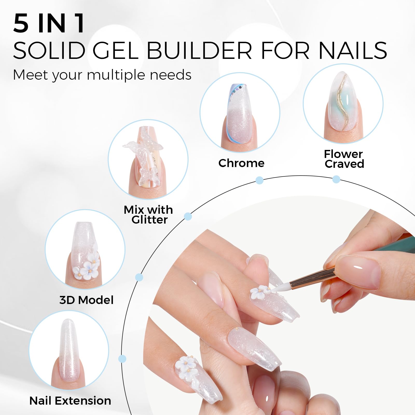 TOMICCA 3D Nail Art Gel - White Sparkle Sculpting Hard Gel for Nail Extensions & Manicures (1.76 oz) | DIY at Home Glitter Gel | Perfect for Salon-Quality Nails & Special Occasions