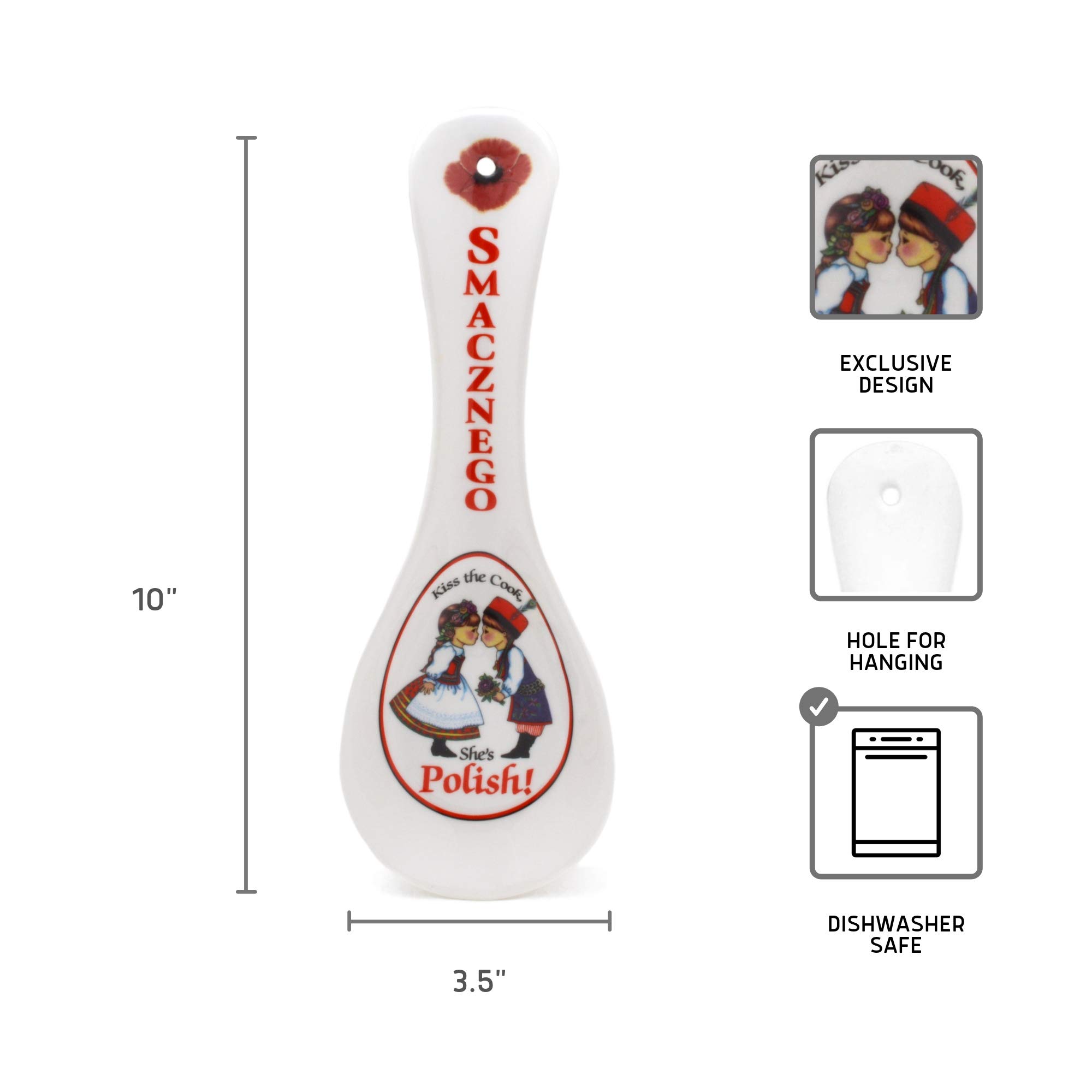 E.H.G - Decorative Ceramic Spoon Rest for Stove Top | Kitchen Essentials & Utensil Holder | Polish 'Smacznego' Design | Perfect for Cooking, Serving & Kitchen Decor | 1 x 3.5 x 10 Inches