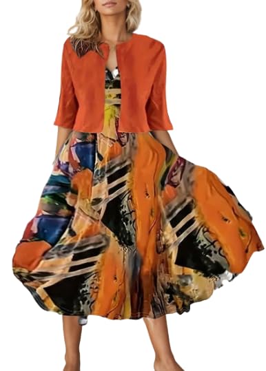 Women's Boho Floral Print Dress with Jacket Two Piece Set - V Neck Sleeveless Summer Midi Dress for Wedding Guest, Beach Vacation & Outdoor Parties