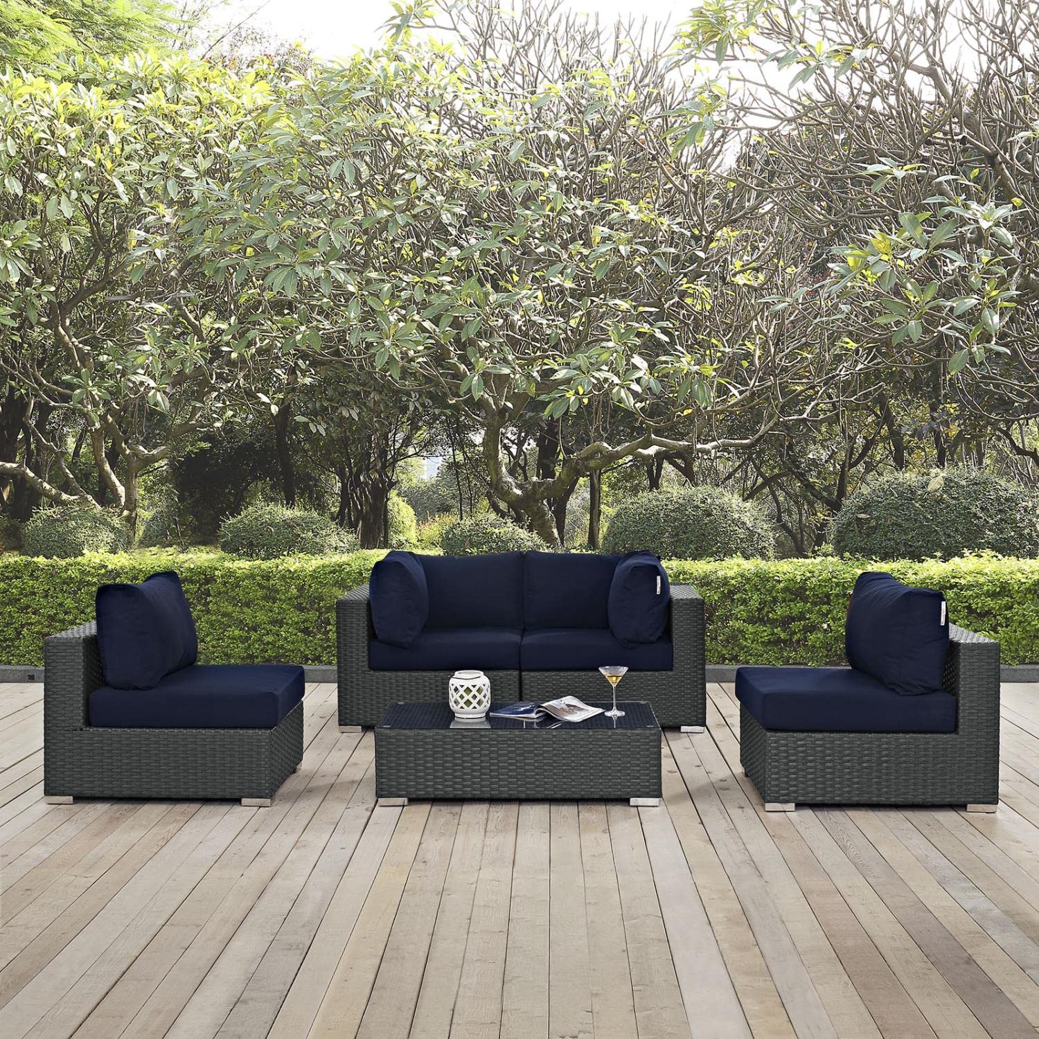 Modway Sojourn 5-Piece Outdoor Wicker Rattan Patio Sectional Set with Sunbrella Navy Canvas Cushions - Perfect for Backyard, Poolside & Garden Relaxation