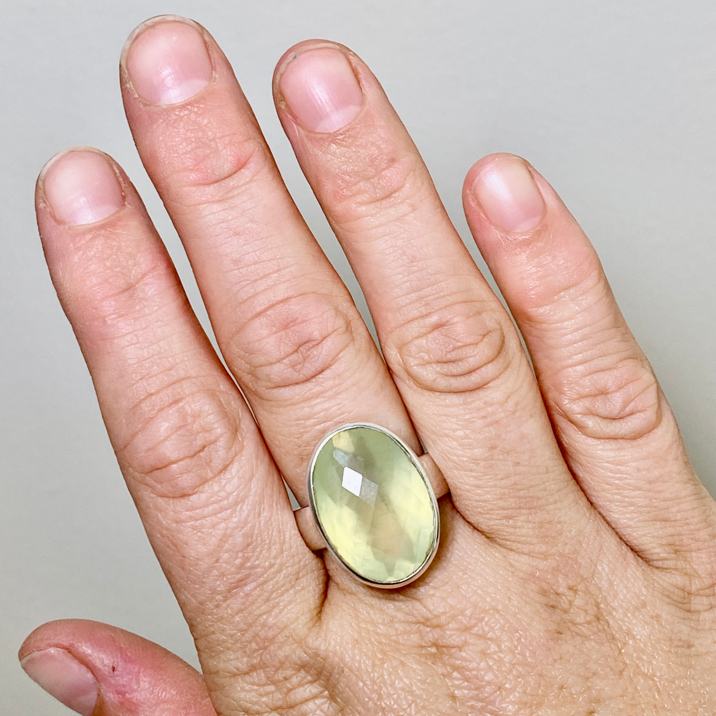 Prehnite Oval Checkerboard Faceted Ring - Size 12 Sterling Silver Jewelry for Women - Perfect for Wedding, Anniversary & Special Occasion Gifts