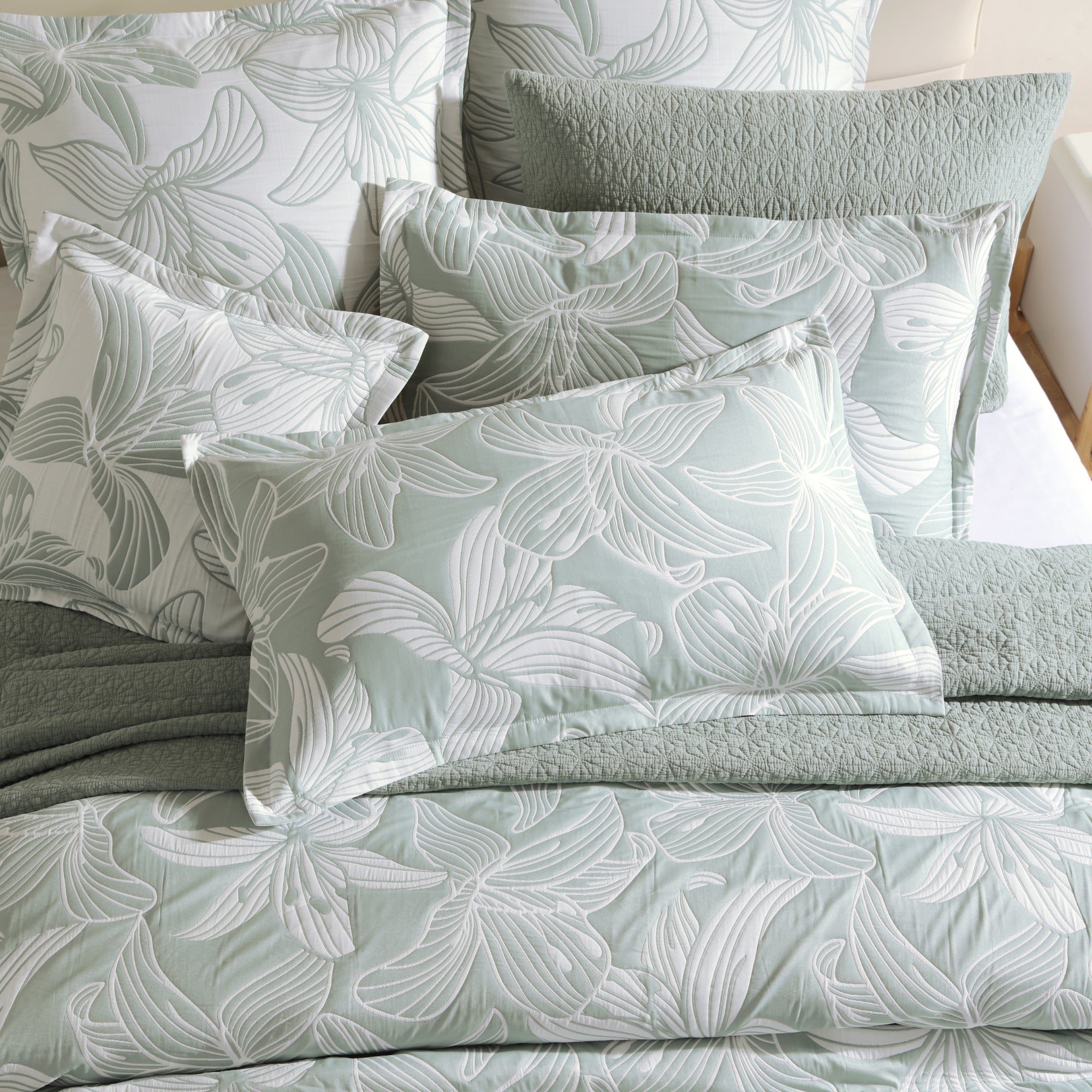 Grace Sage European Pillowcase by Logan and Mason Platinum - Luxury 100% Cotton Pillow Cover for Bedroom Decor, Hotel Style Home Textiles (20x20 inches) - Perfect for Master Bedroom, Guest Room & Airbnb Stays