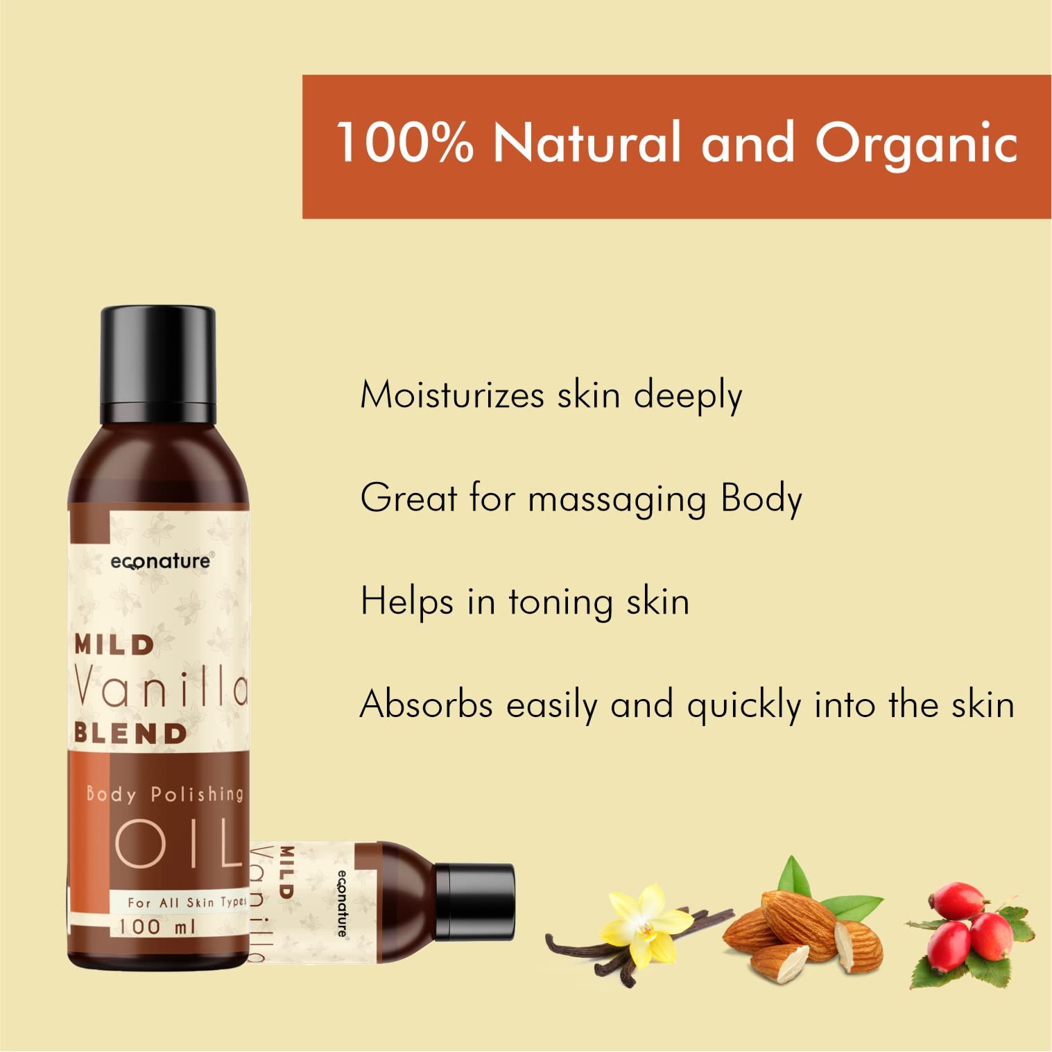 ECONATURE Vanilla Body Oil for Dry Skin - Deep Moisturizing, Non-Sticky, Quick Absorbing Body Oil for Glowing & Nourished Skin (100ml) | Perfect for Daily Hydration, Massage & Spa Treatments