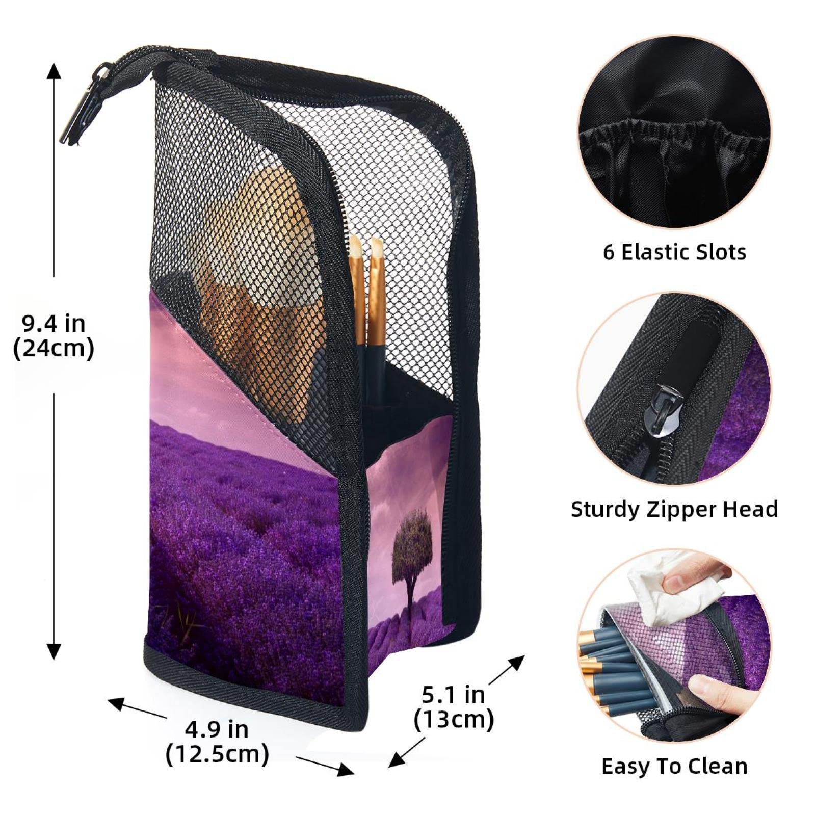 12-Piece Lavender Field Makeup Brush Organizer Bag with Floral Design - Portable Cosmetic Brush Holder Case for Travel & Home Storage