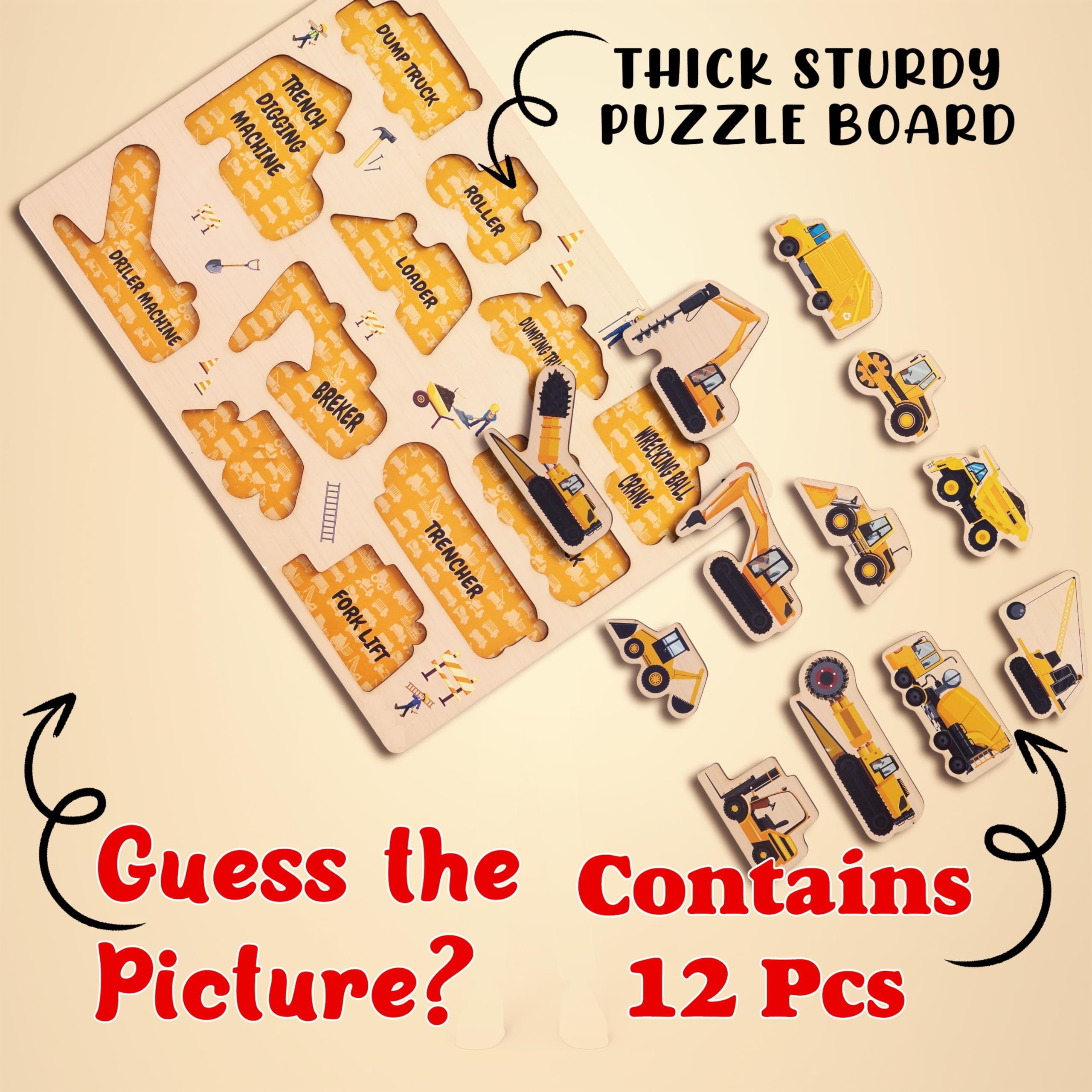Construction Vehicle Wooden Puzzles for Toddlers - Montessori Learning Toys for Boys & Girls | Educational Gifts for Kids | Perfect for School & Playtime Activities