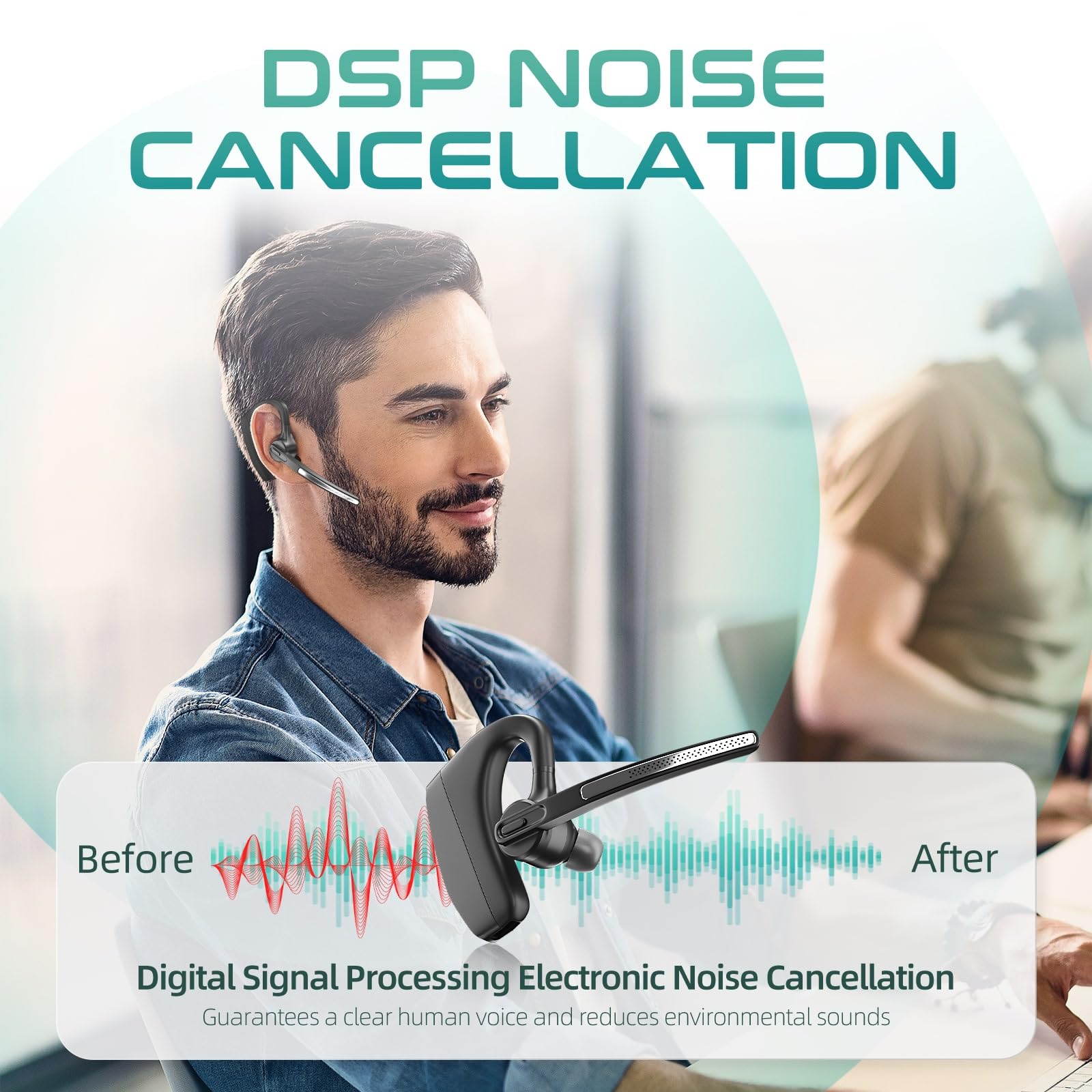Wireless Bluetooth Headset with Microphone for Work - Trucker Headset V5.3 with USB Dongle, Noise Cancelling Mic & LED Power Display | Perfect for Business Calls, Computer, Laptop, and Cell Phone Use | Ideal for Office, Remote Work, Driving, and Online Meetings