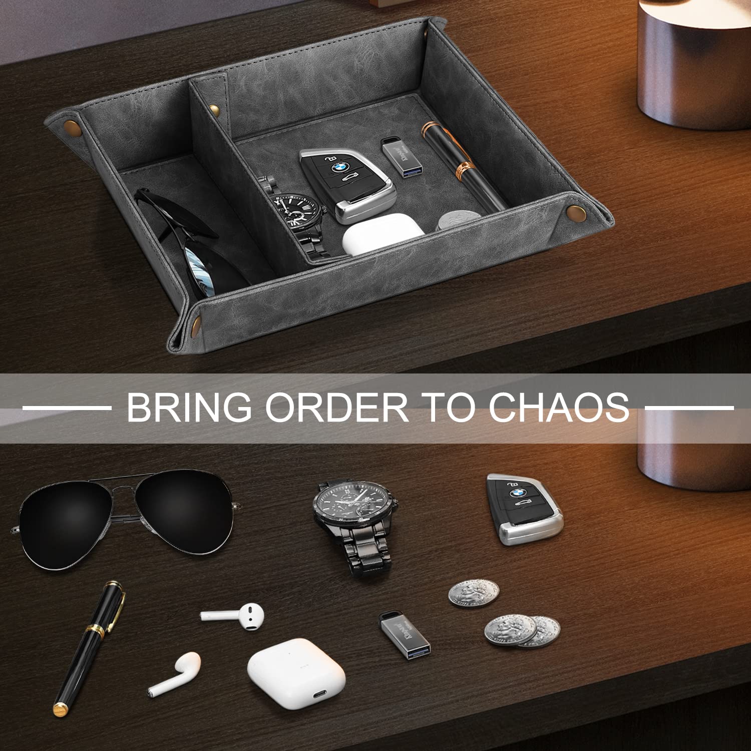 SITHON Valet Tray with Removable 2 Compartments - Desk Organizer, Nightstand Caddy & Vanity Catchall Tray for Jewelry, Keys, Wallet - Perfect for Bedroom, Office & Entryway Storage (Gray)