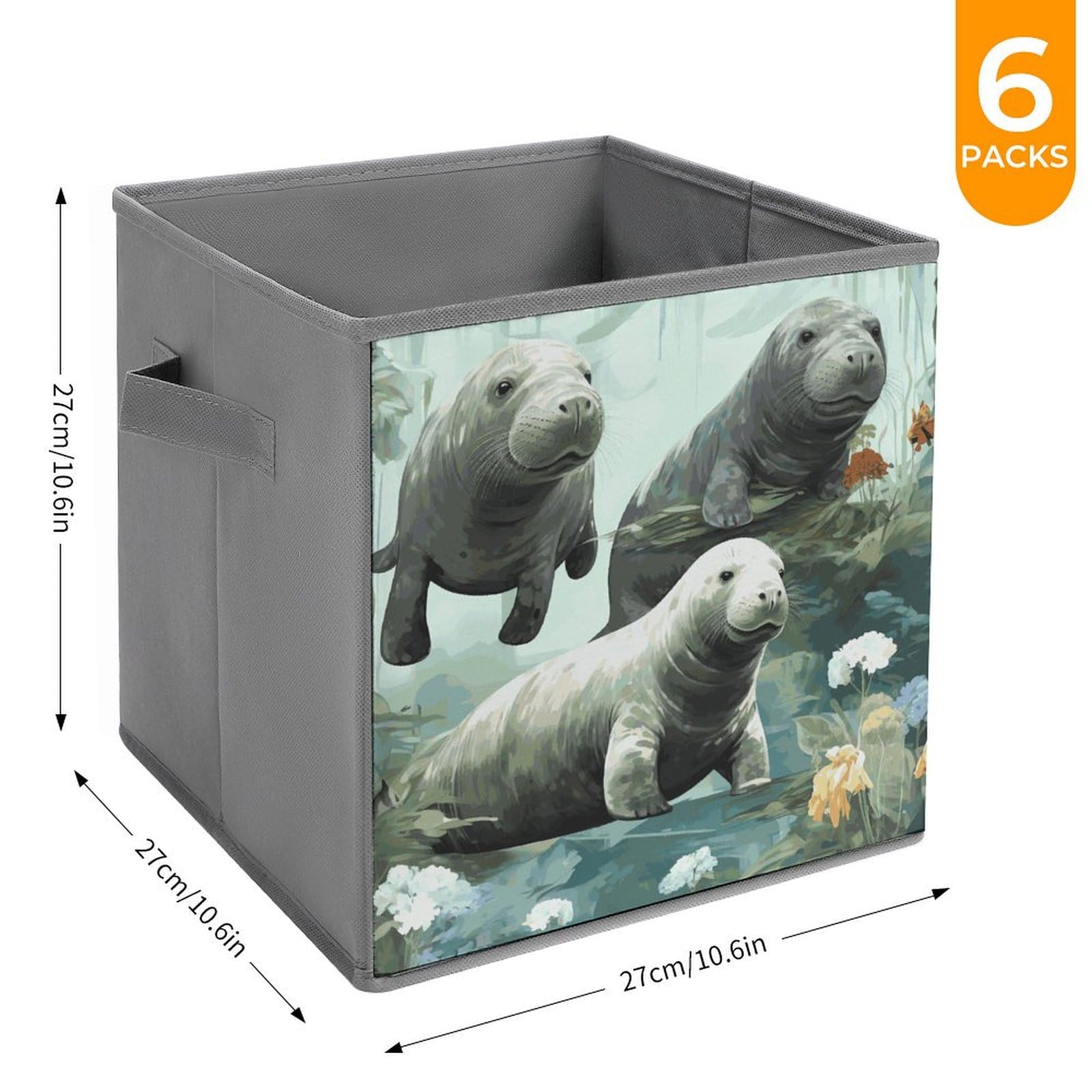 6-Piece Collapsible Storage Bins with Handles - Cute Rabbit & Manatee Printed Foldable Organizing Baskets for Home, Closet, Shelves & Office Storage Solutions | Space-Saving Home Organization for Toys, Books & Clothes