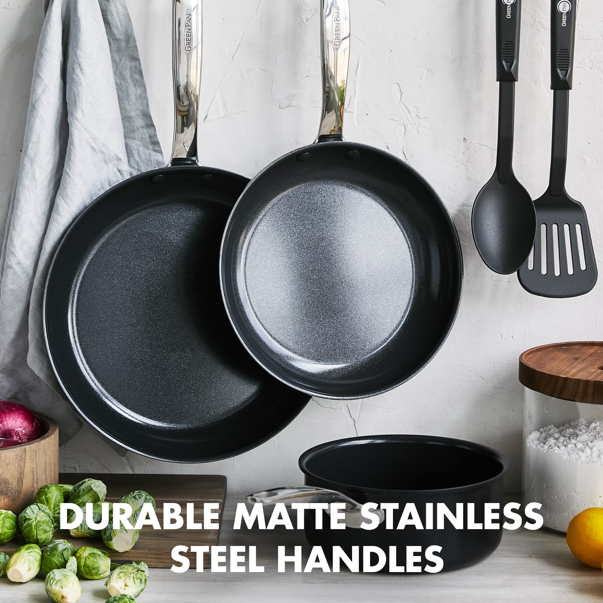 GreenPan Chatham Prime Midnight 5-Piece Nonstick Cookware Set – Hard Anodized Healthy Ceramic Coating, Stainless Steel Handles, PFAS-Free, Dishwasher & Oven Safe – Perfect for Frying, Sautéing & Everyday Cooking (Black)