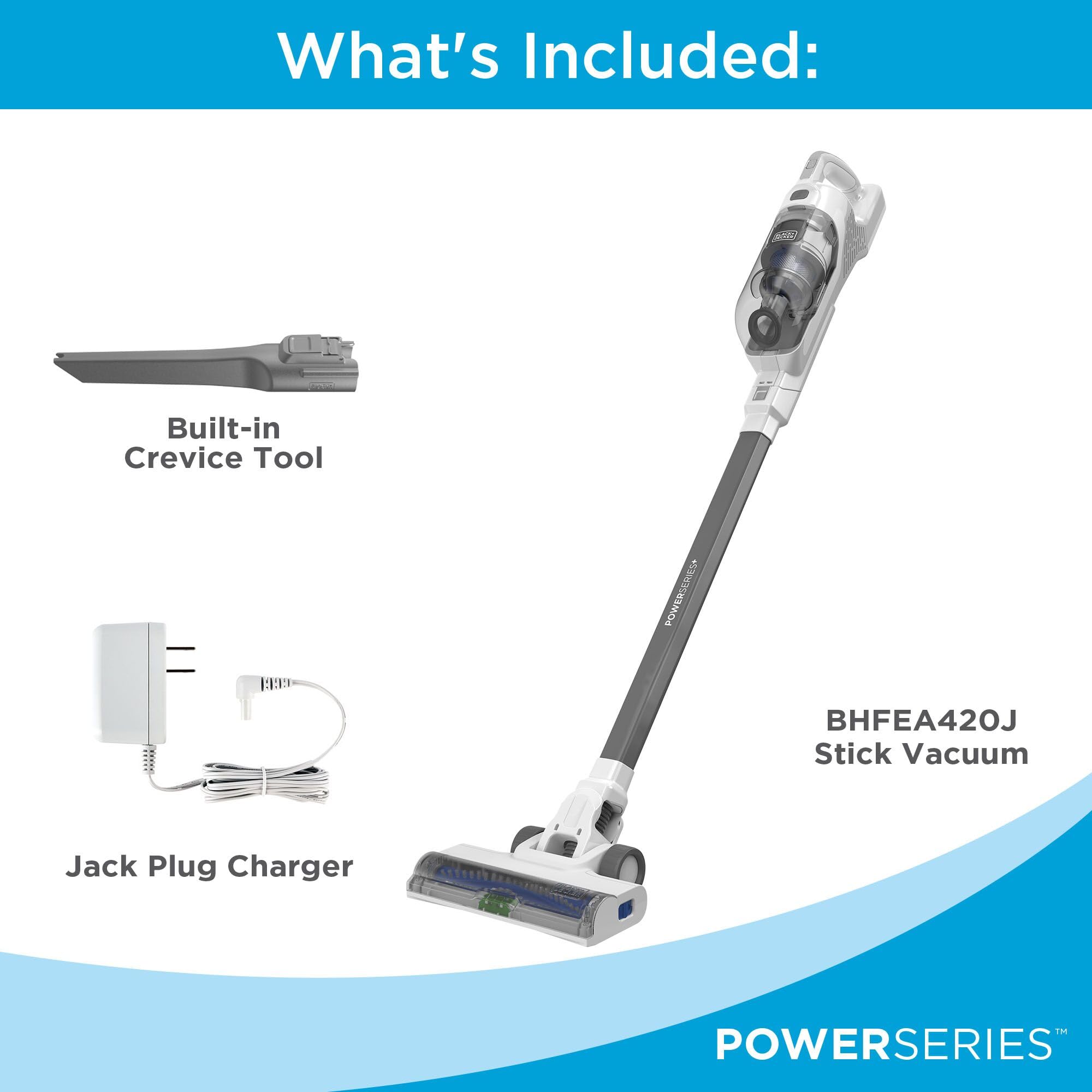 BLACK+DECKER POWERSERIES+ 16V MAX Cordless Stick Vacuum Cleaner with LED Floor Lights - Lightweight Multi-Surface Vacuum for Hardwood Floors, Carpets & Pet Hair - White (BHFEA420J) - Perfect for Quick Home Cleaning & Pet Owners