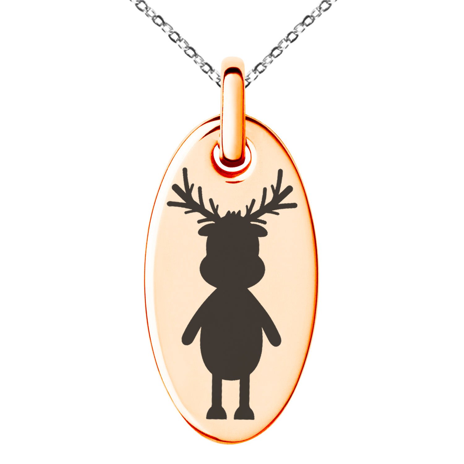 Stainless Steel Rudolph Reindeer Small Oval Charm Pendant Necklace - Perfect for Christmas Gifts, Holiday Parties & Festive Jewelry Collection