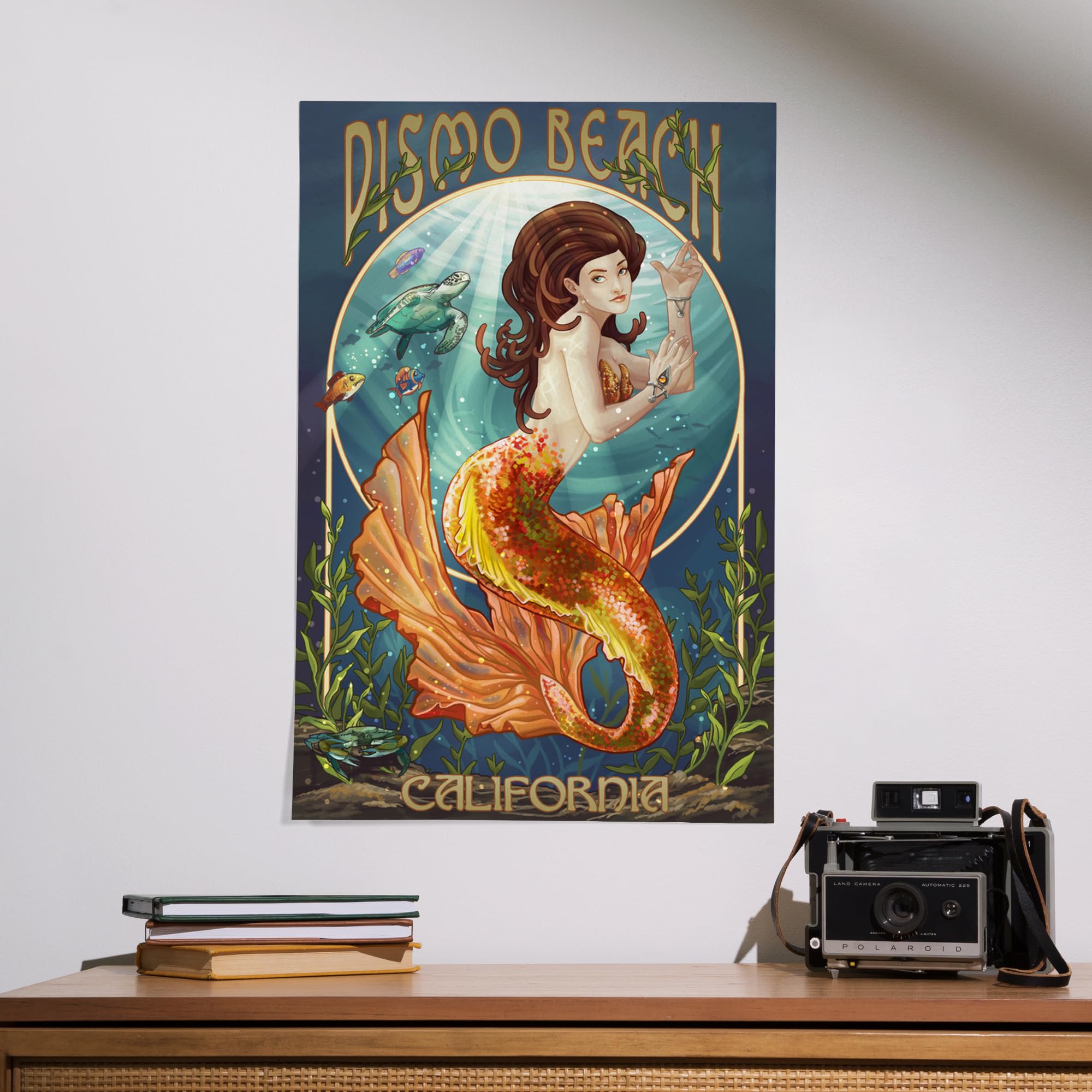 Lantern Press 16x24 Inch Giclee Art Print - Pismo Beach California Coastal Mermaid Painting in Vibrant Orange | Wall Decor for Beach House, Living Room & Bedroom