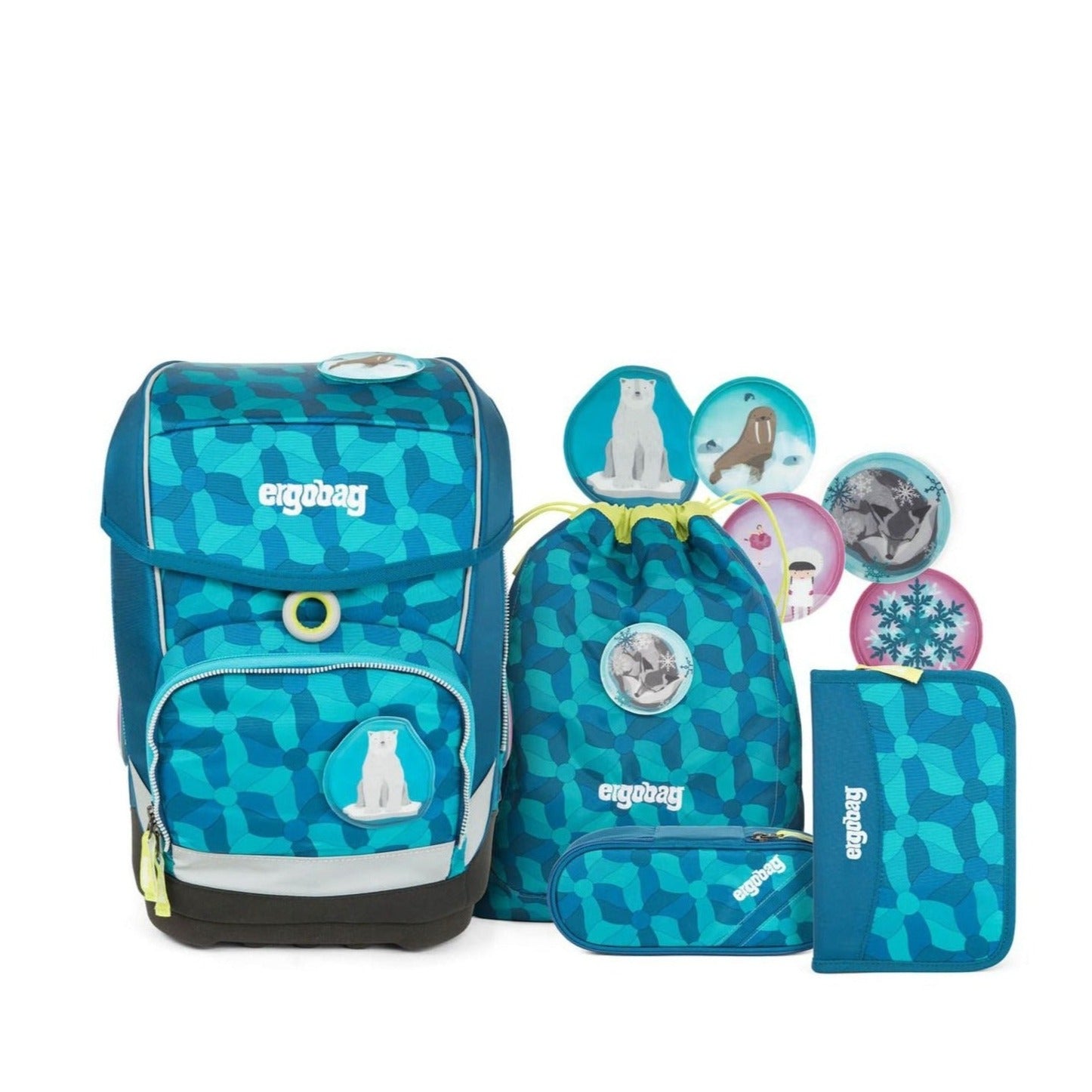 Ergobag SET Cubo 5-Piece School Backpack Set - Flower Wheel Blue Design | Perfect for Elementary Students, School Supplies & Daily Use
