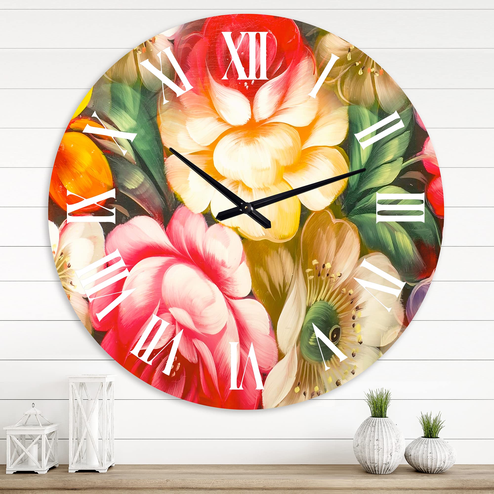 Vintage Floral Wall Clock - Large Yellow & Red Botanical Design for Home, Office, and Kitchen Decor | Silent Non-Ticking Traditional Clock