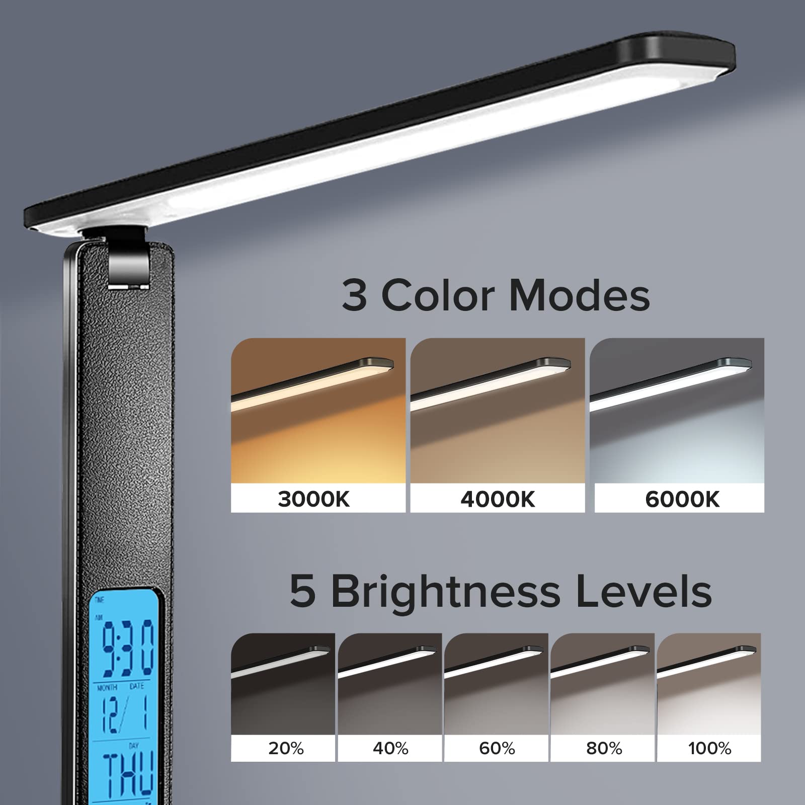 LAOPOO LED Desk Lamp with Wireless Charger & USB Port - Adjustable Brightness, Built-in Digital Clock - Perfect for Home Office, Study Room, College Dorm (Reading, Working, Night Light)