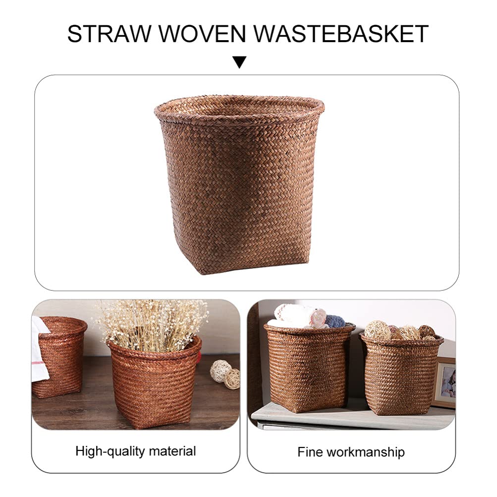 PATKAW Round Woven Waste Basket - 1PC Straw Wicker Trash Can for Office, Laundry Room & Home Decor | Eco-Friendly Storage Bin for Plants, Waste Paper & Clothing | Perfect for Farmhouse, Boho & Coastal Style Decor