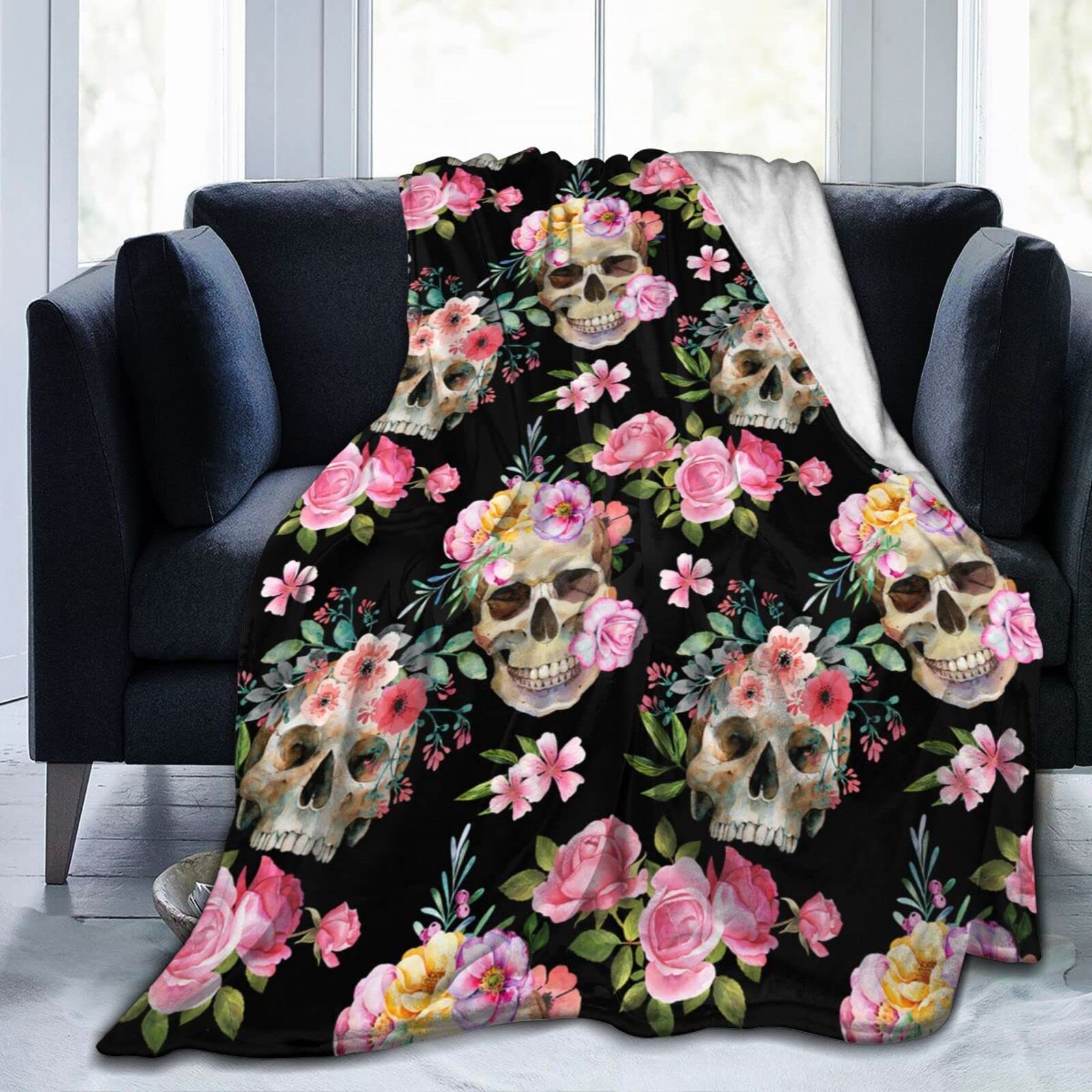 Goth Floral Skull Blanket - Ultra Soft Plush Lightweight Flannel Throw for All Seasons - 60
