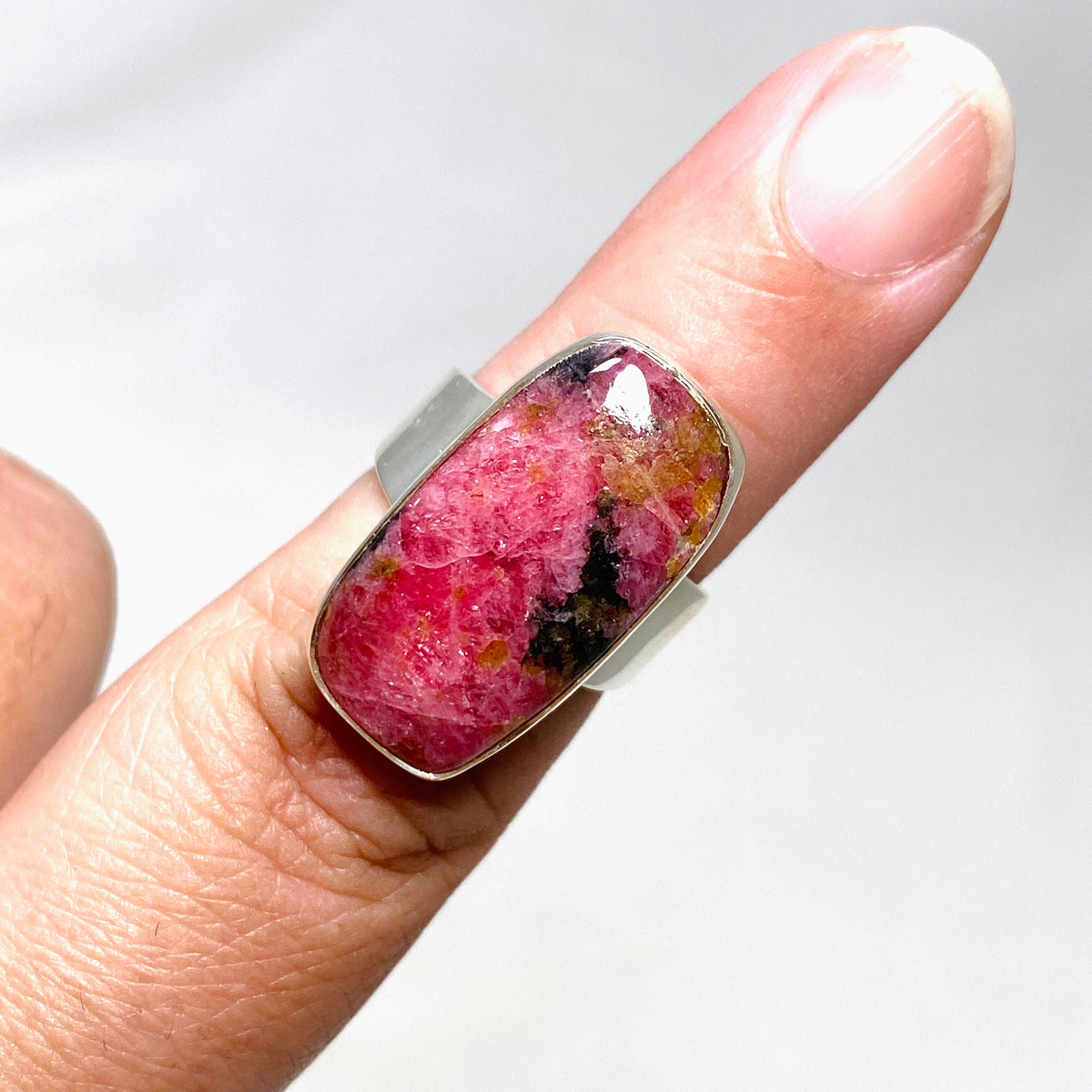 Natural Rhodonite Gemstone Rectangle Ring - Size 7 for Women, KRGJ3210 | Healing Crystal Jewelry for Stress Relief & Emotional Balance | Perfect for Meditation, Yoga & Spiritual Practices