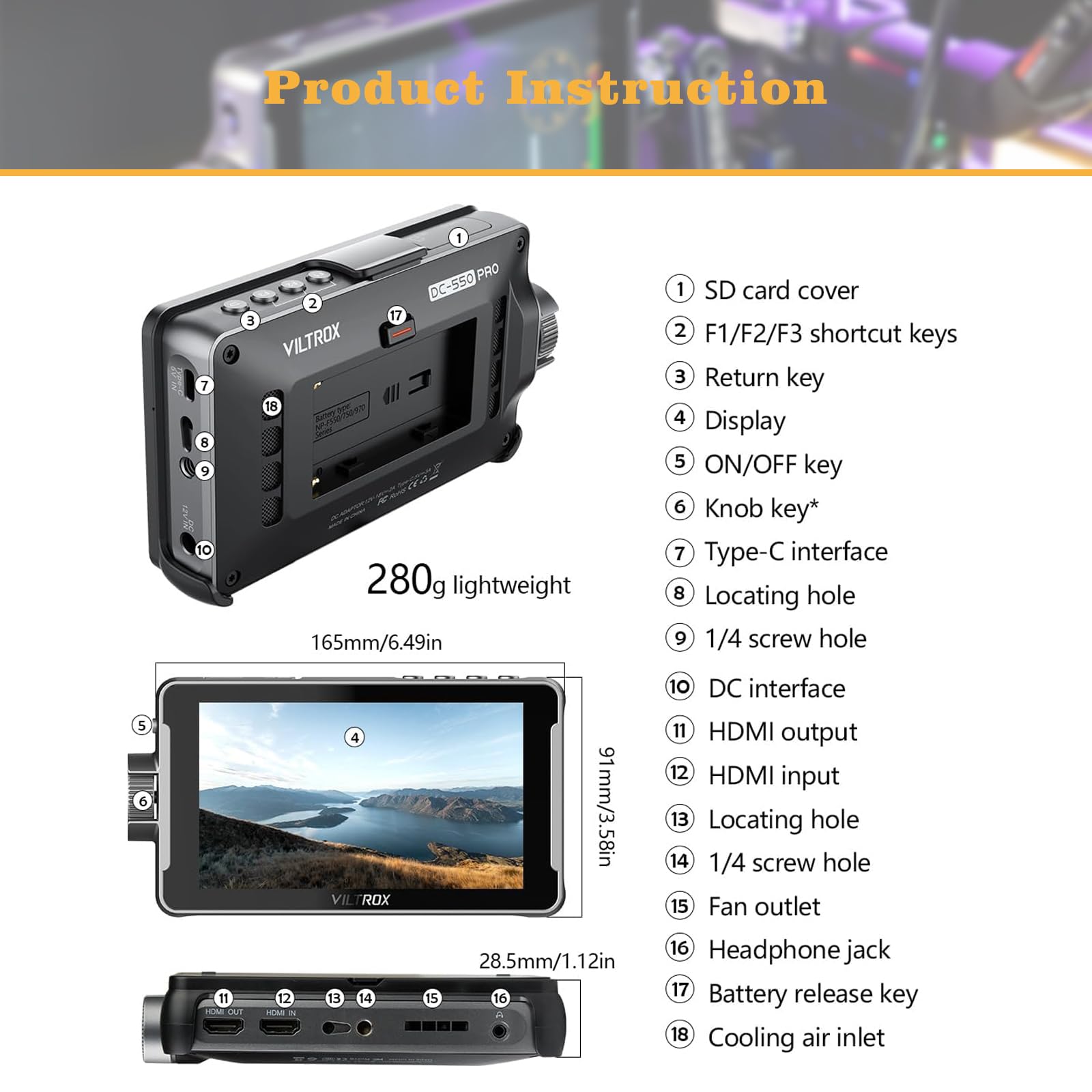 VILTROX DC-550 Pro 5.5-Inch Touchscreen DSLR Camera Field Monitor with Battery - On-Camera RGB Parade, Histogram, Waveform & Focus Assist - Perfect for Videography, Live Streaming & Outdoor Shooting