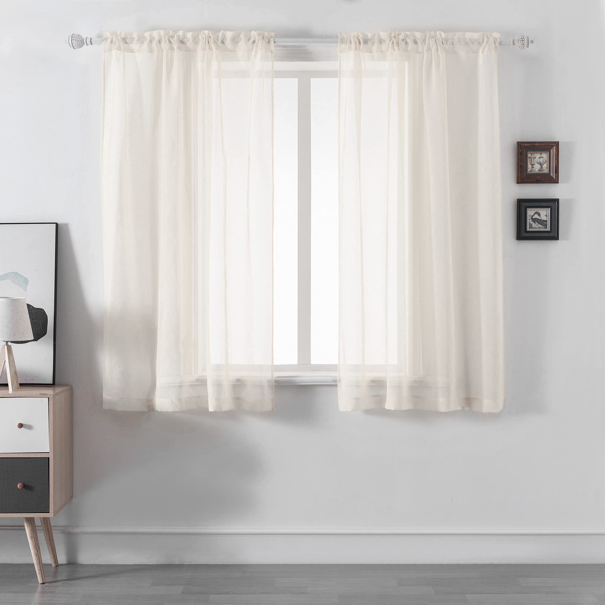 DUALIFE Ivory Sheer Curtains 54 Inch Length - Faux Linen Light Beige Semi Sheer Window Panels for Privacy & Sun Filtering - Set of 2 Panels (52x54 Inches) - Perfect for Living Room, Bedroom, Nursery & Bathroom Window Treatments