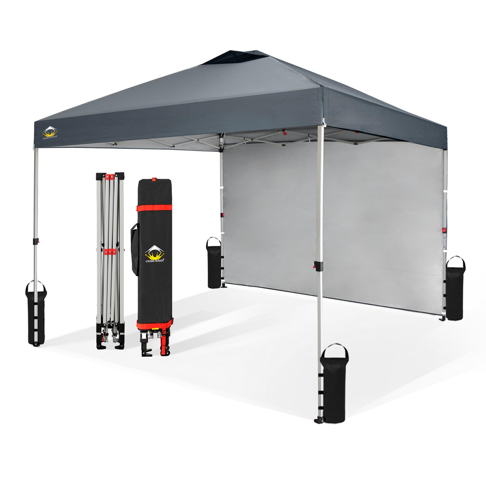 CROWN SHADES 10x10 Pop Up Canopy Tent with 1 Side Wall - Instant One Push Setup Sun Shelter for Beach, Camping, Backyard Parties - Portable Outdoor Gazebo with STO-N-Go Carry Bag (Grid Grey) - Perfect for Picnics, Tailgating and Outdoor Events