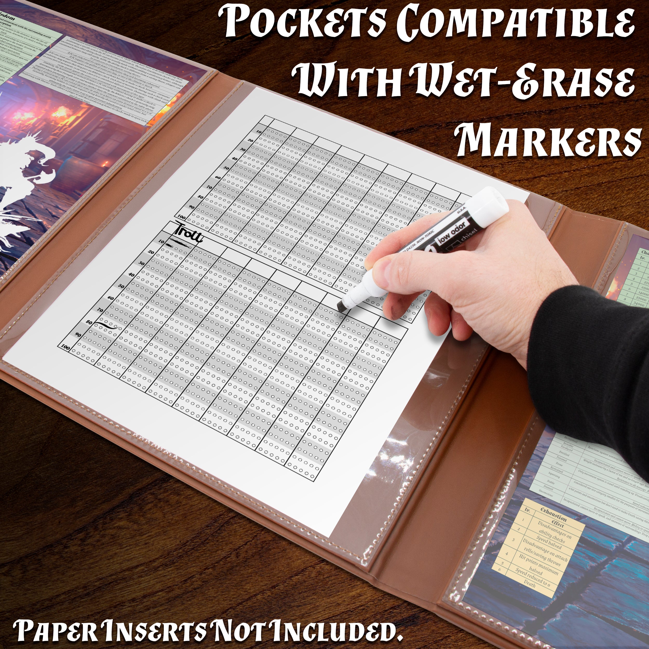 Faux Leather 4-Panel DM Screen with Wet Erase Pockets - Embossed Folding Game Master Screen for Dungeons & Dragons RPG - Black/Brown (Inserts Not Included) - Perfect for Tabletop Gaming Sessions & RPG Campaigns