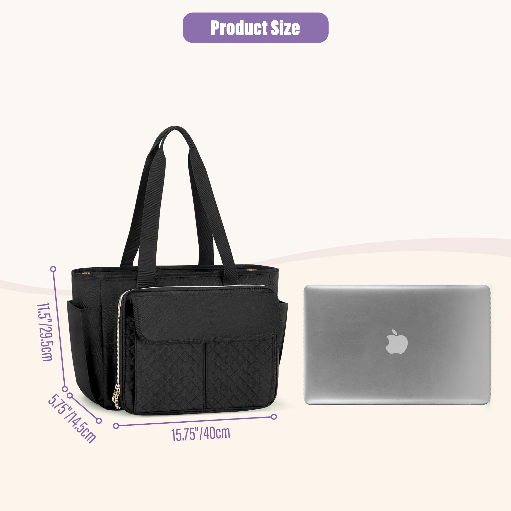 LUXJA Professional Teacher Tote Bag for Women - Waterproof Work Bag with Accordion File Organizer & Laptop Sleeve (15.6 Inch), Durable Black Teacher Bag - Perfect for Classroom, School, Office & Commuting