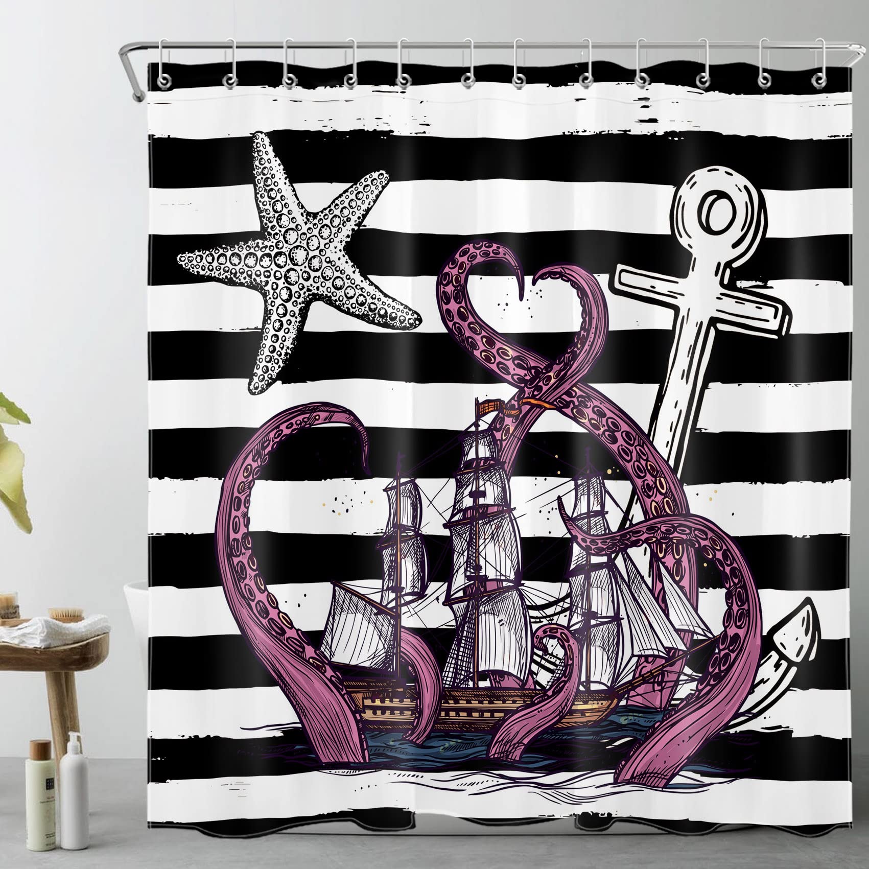 Nautical Shower Curtain with Ocean Octopus & Pirate Ship Design - Black & White Striped Polyester Bathroom Curtain with Hooks (72x78 Inches) - Perfect for Beach Theme Bathrooms & Coastal Home Decor