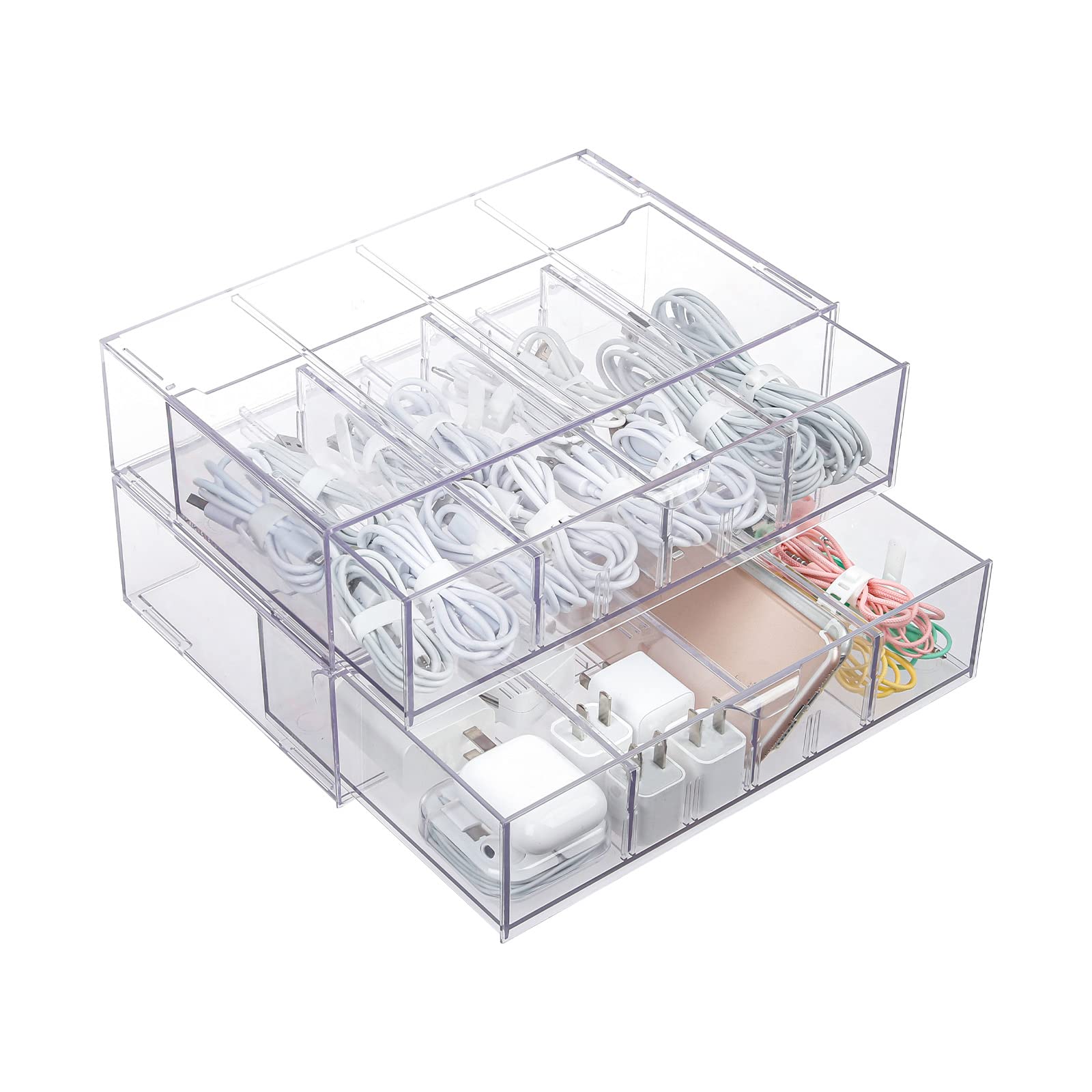 Yesesion 2-Pack Clear Plastic Cable Organizer Drawer with Adjustable Compartments & 40 Wire Ties - Large Cord Management Box for Office Desk, Electronics, Home & Travel Organization