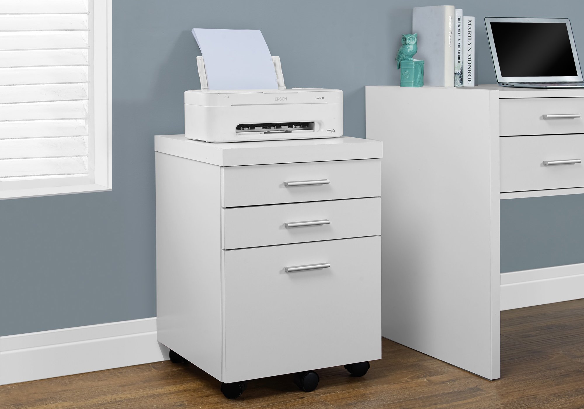Monarch Specialties White Hollow-Core 3-Drawer File Cabinet with Wheels - Perfect for Office Storage & Home Organization