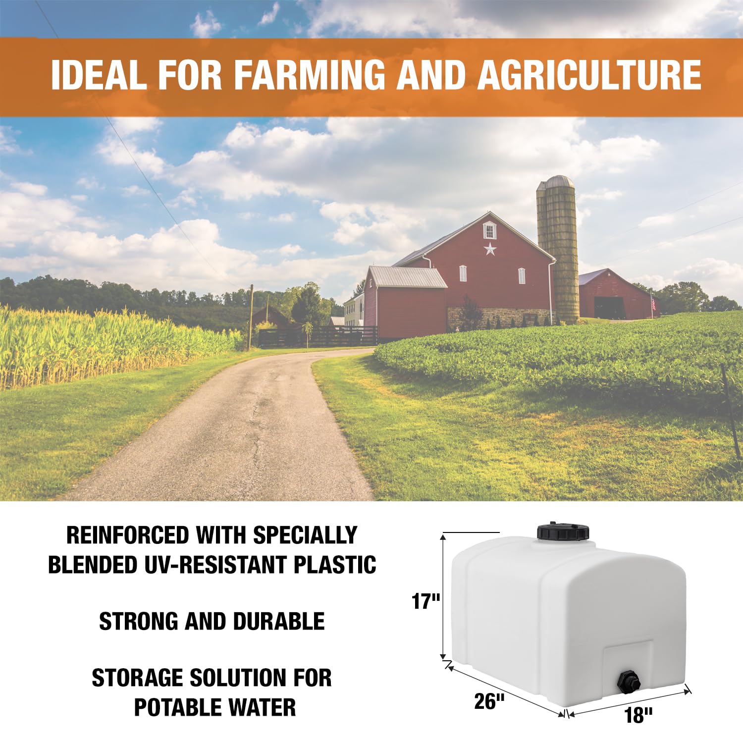 RomoTech 82123899 26-Gallon Polyethylene Domed Water Storage Tank - USA-Made Rustproof & Corrosion-Resistant Poly Tank for Water & Non-Flammable Liquids | Ideal for Agricultural, Industrial & Emergency Water Storage