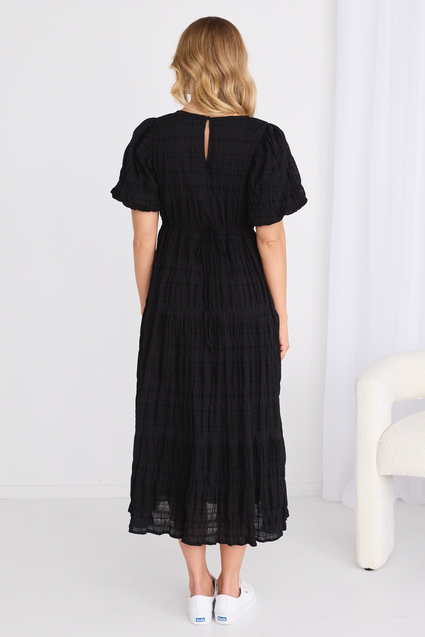 Elegant Black Shirred Cotton Bubble Sleeve Tiered Maxi Dress for Women - Perfect for Summer Beach Vacations, Date Nights & Special Occasions