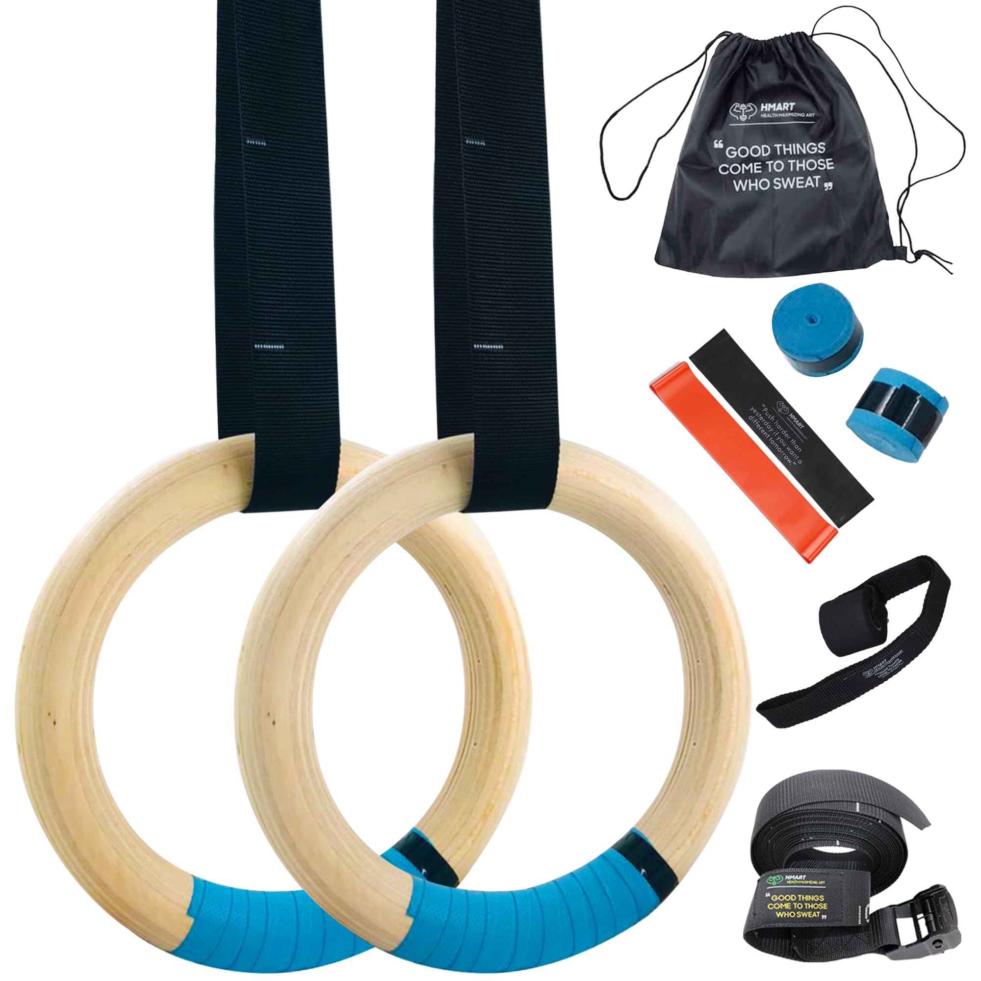 HMART Wooden Gymnastic Rings - 1600lbs Capacity with Adjustable 15ft Woven Straps & Anti-Slip Hand Tape - Perfect for Home Gym, Outdoor Workouts, CrossFit Training & Strength Exercises