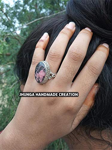 Rhodonite Ring for Women - Vintage Bohemian Sterling Silver Healing Crystal Jewelry | Bridesmaid Gift, Promise Ring, Engagement Ring, Statement Jewelry | Perfect for Hippie Style, Boho Weddings & Spiritual Healing
