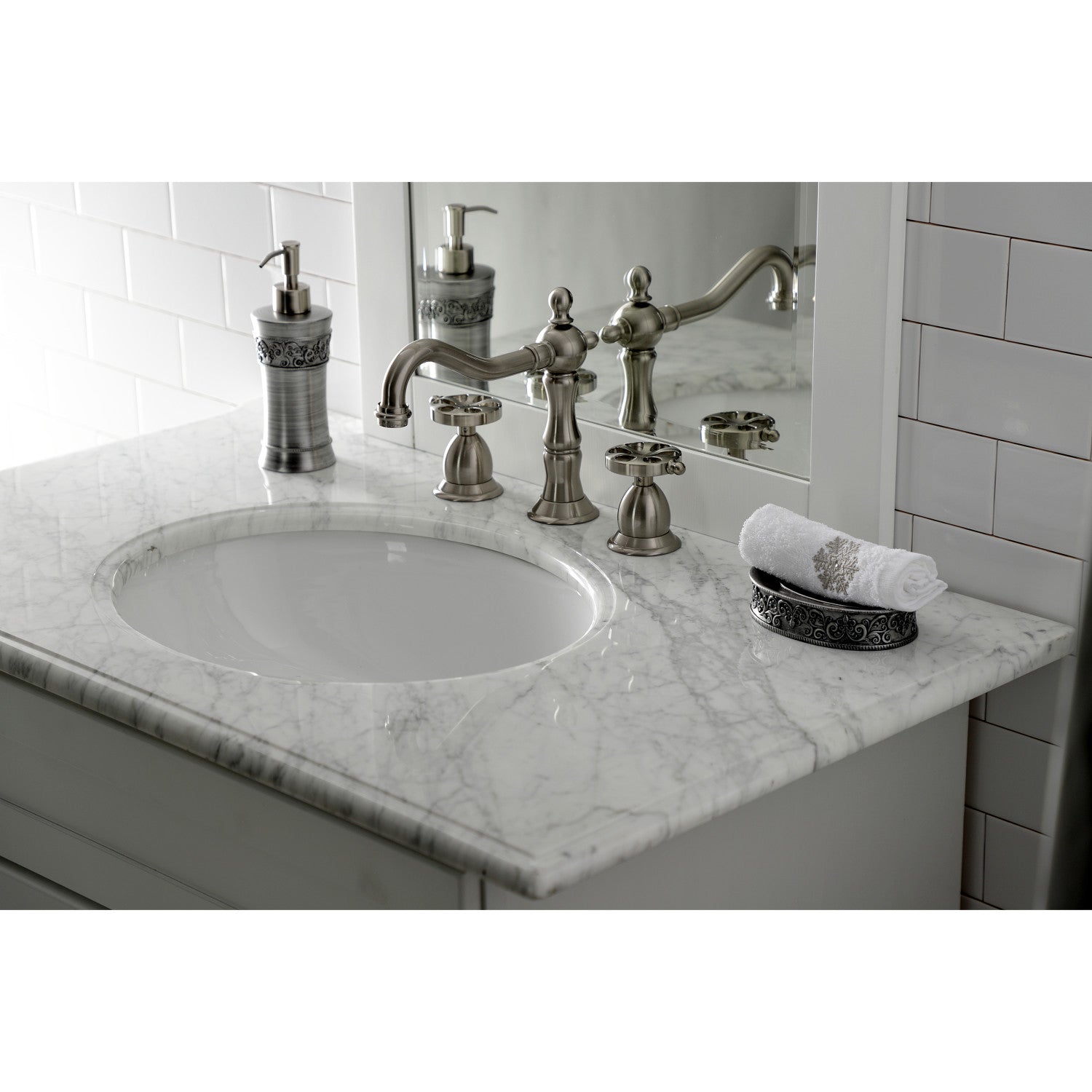 Belknap KS1978RX 3-Hole Widespread Bathroom Faucet with Brass Pop-Up Drain - Brushed Nickel Finish for Vanity Sink, Two Handle Deck Mount Design - Perfect for Modern Bathroom Renovation and Home Upgrade