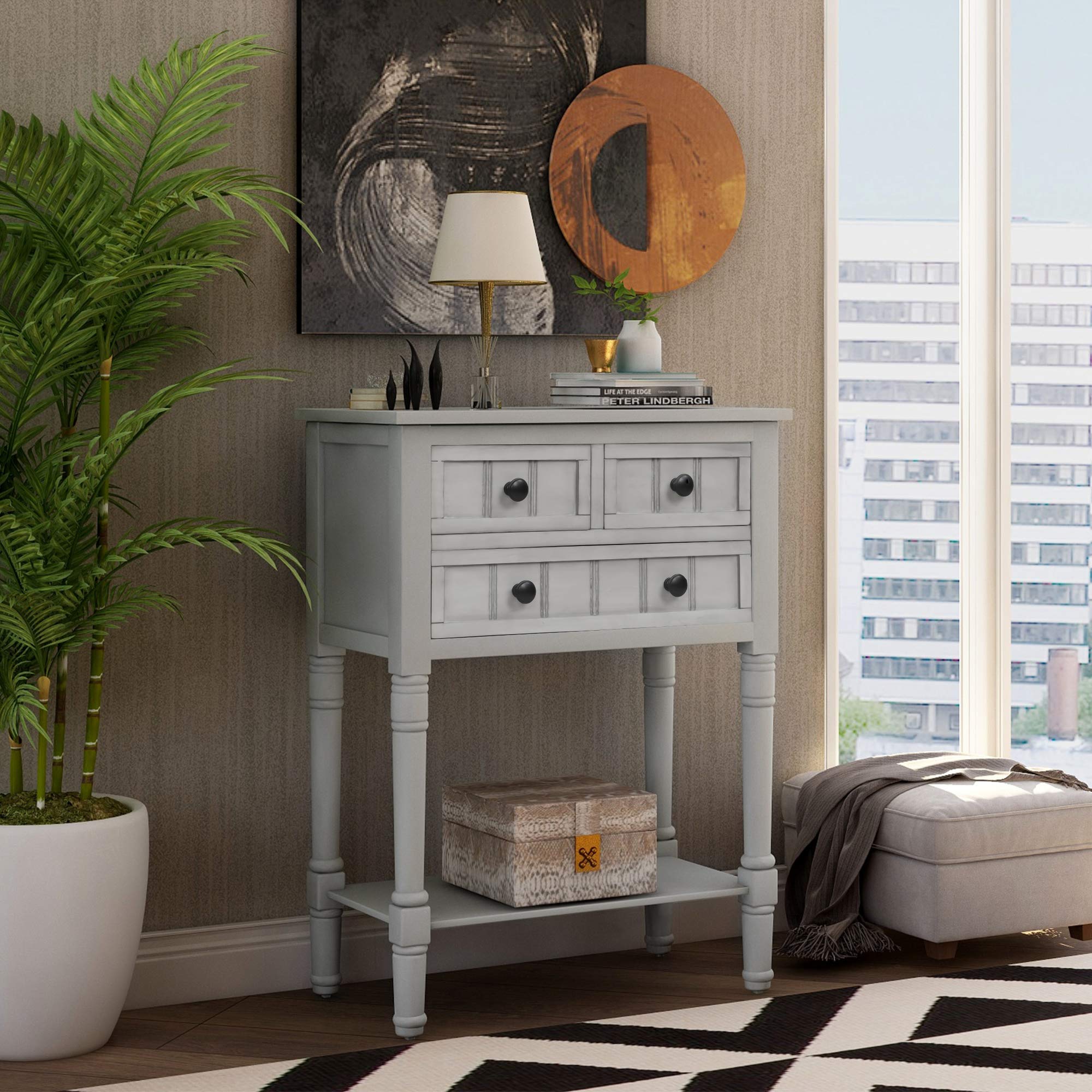 HABITRIO Narrow Console Table - Slim Sofa Table with 3 Storage Drawers & Bottom Shelf for Living Room | Easy Assembly Entryway Hall Table | Perfect for Small Spaces, Apartments & Behind Sofa Organization (Gray Wash Finish)