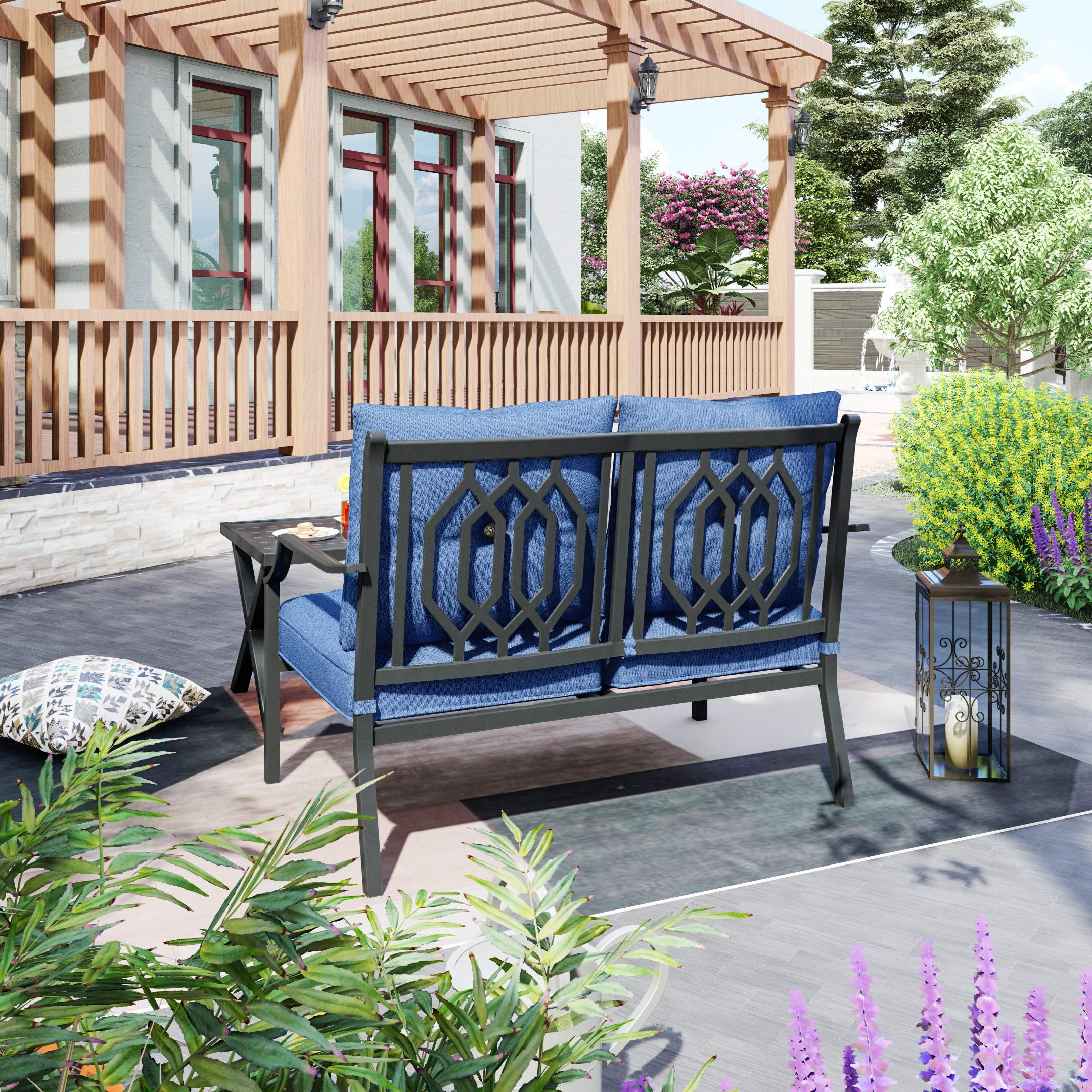 LOKATSE HOME 2-Piece Outdoor Patio Conversation Set - Metal Bench Sofa Loveseat with Cushions & Coffee Table in Blue - Perfect for Garden, Backyard, Poolside or Terrace Relaxation