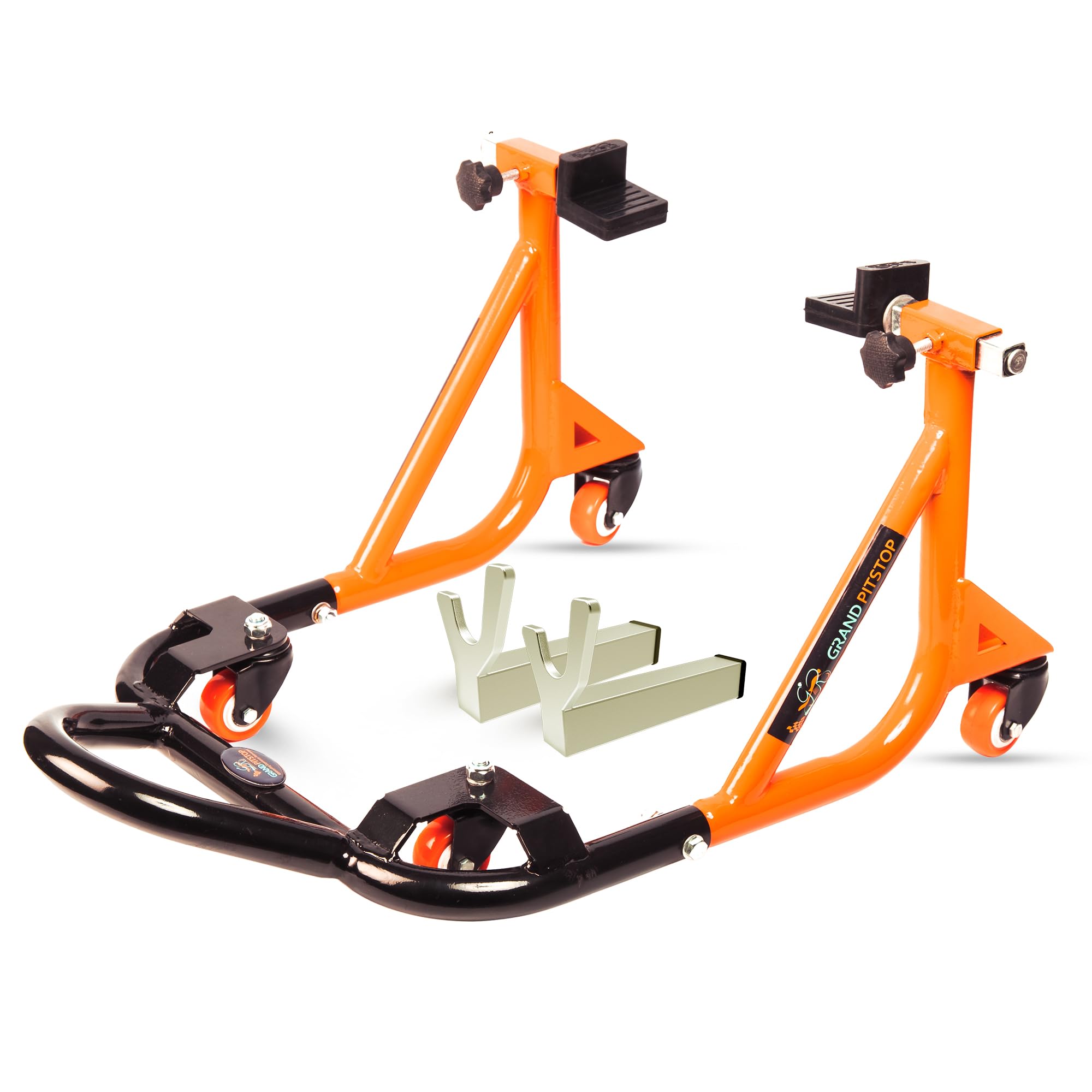 Universal Adjustable Motorcycle Rear Paddock Stand with Swingarm Rest - 360° Rotatable, Supports Up to 500 lbs (226 kg) - Black & Orange - Perfect for Bike Maintenance, Storage & Transport