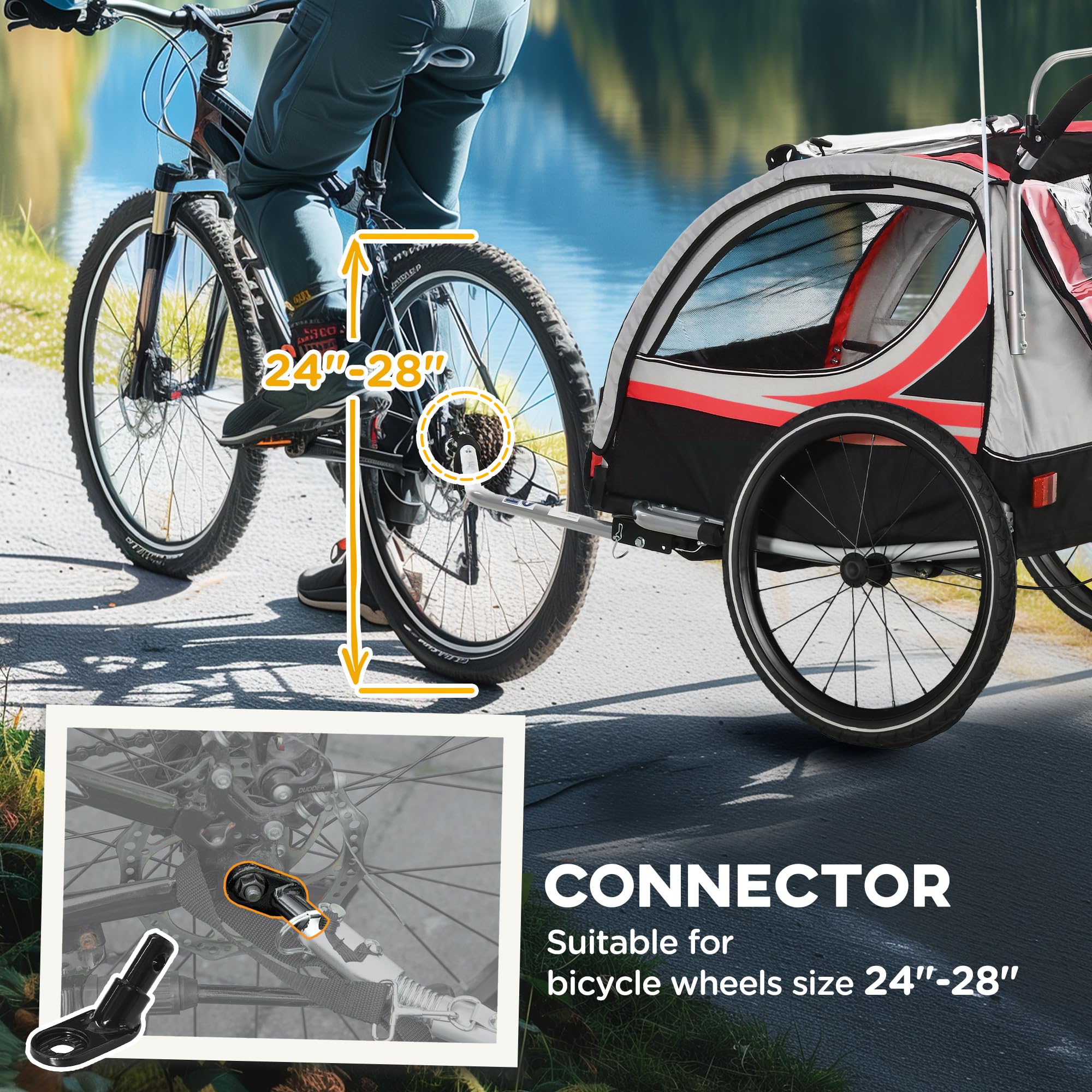 Aosom 3-in-1 Bike Trailer for Kids - Convertible Walk/Jog/Ride Stroller Wagon with 2 Seats, High-Visibility Safety Design & Weatherproof Cover | Perfect for Outdoor Adventures, Family Cycling, and Toddler Transportation