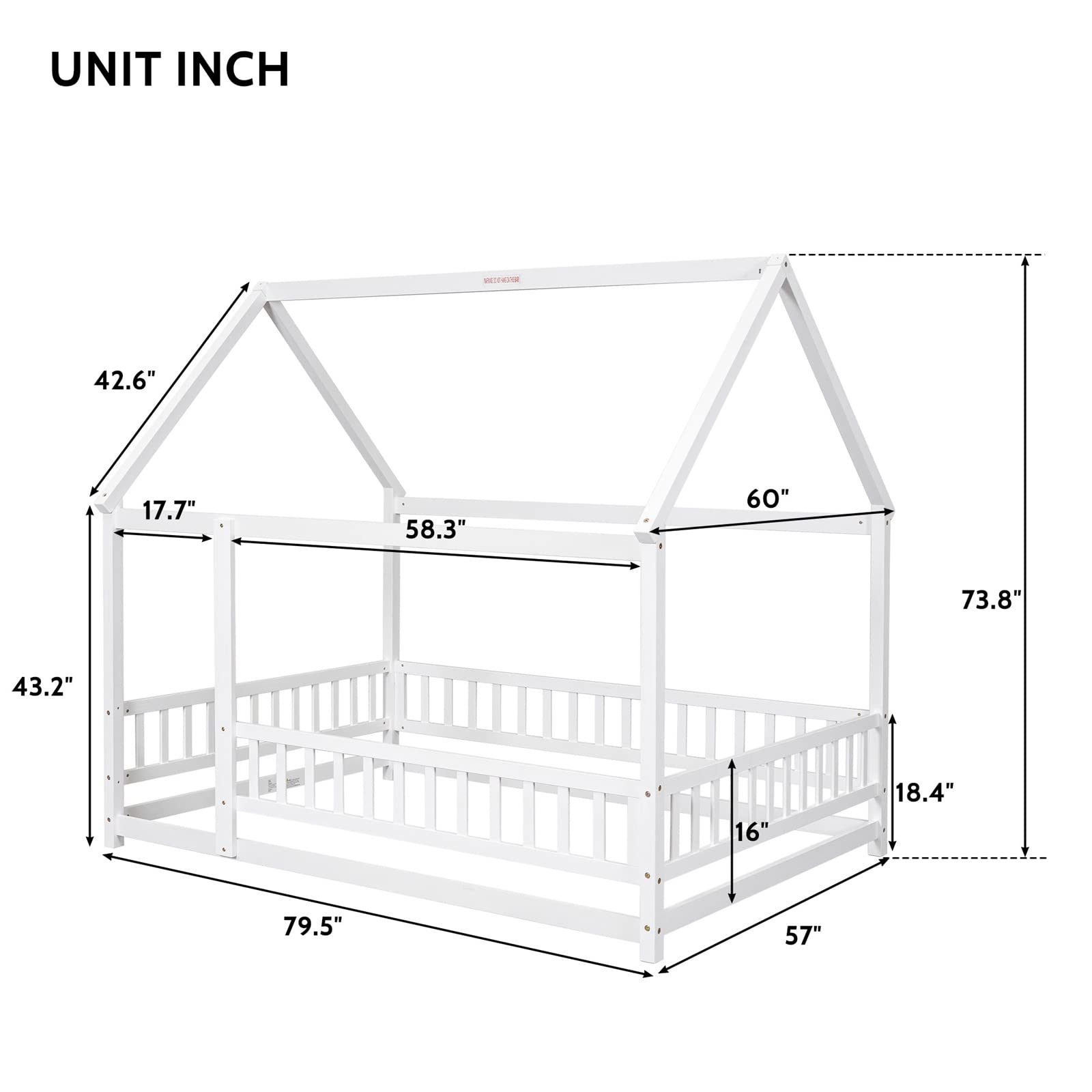 Montessori Full Size House Bed with Fence & Roof Design - Natural Wood Floor Bed Frame for Kids, Toddlers Boys & Girls - Perfect for Bedroom, Playroom & Montessori Learning Spaces
