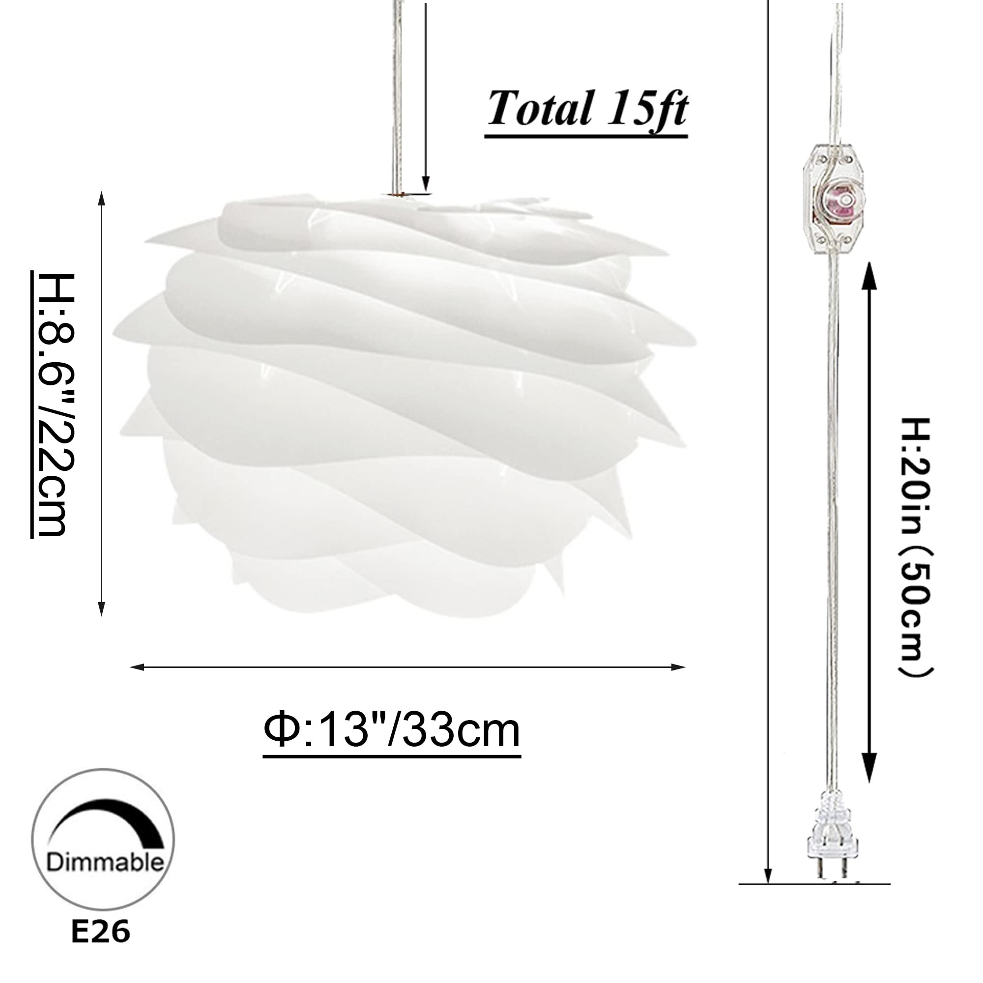 15ft Plug-in Acrylic Pendant Light with UL Dimmer Switch - Macaron White Roseleaf Lampshade, Nordic Minimalist Loft Style Lighting for Living Room, Bedroom, Restaurant & Cafe Decor