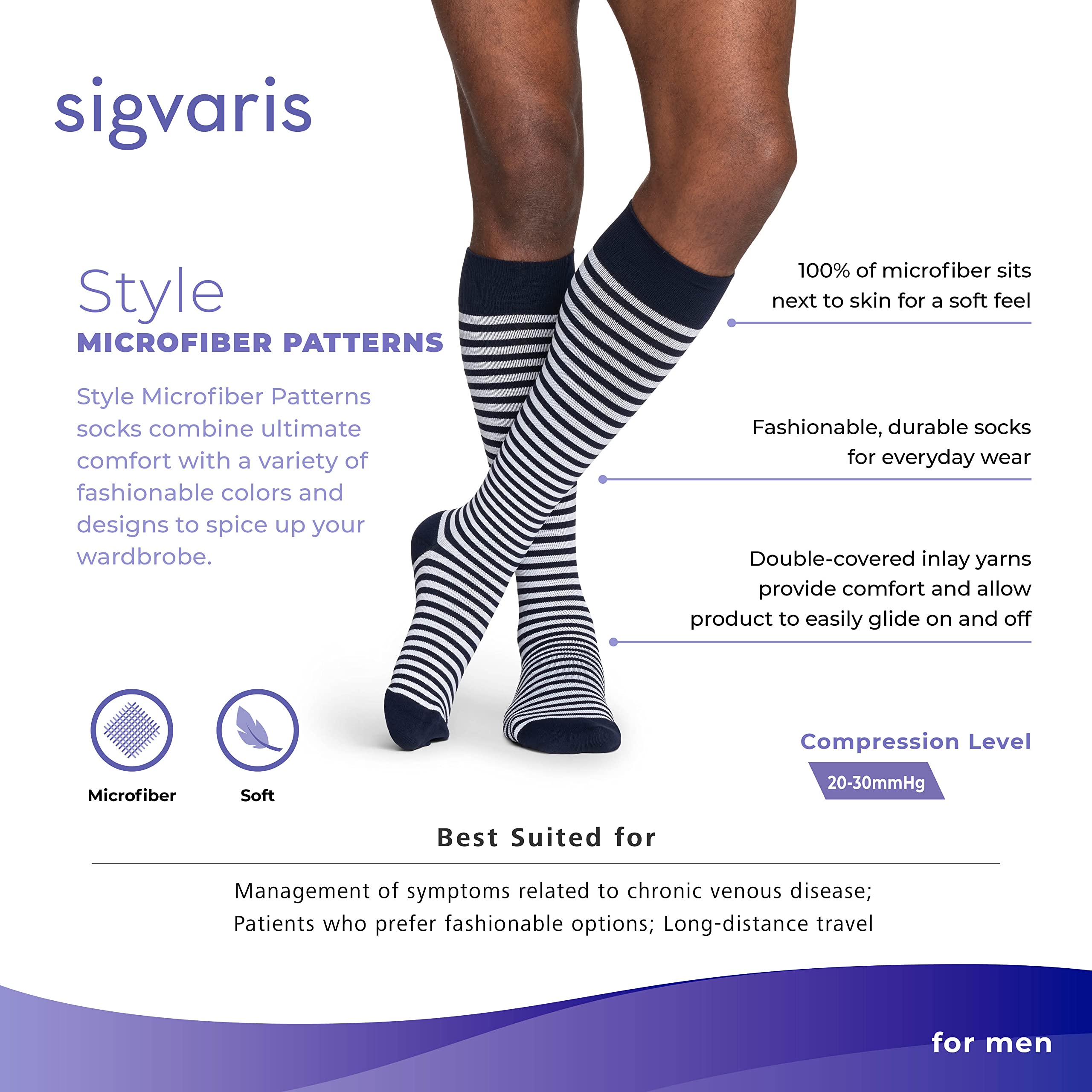 Sigvaris Men's Compression Socks 20-30mmHg - Microfiber Closed Toe Calf-High Support Stockings for Circulation & Comfort - Ideal for Travel, Work & Medical Use